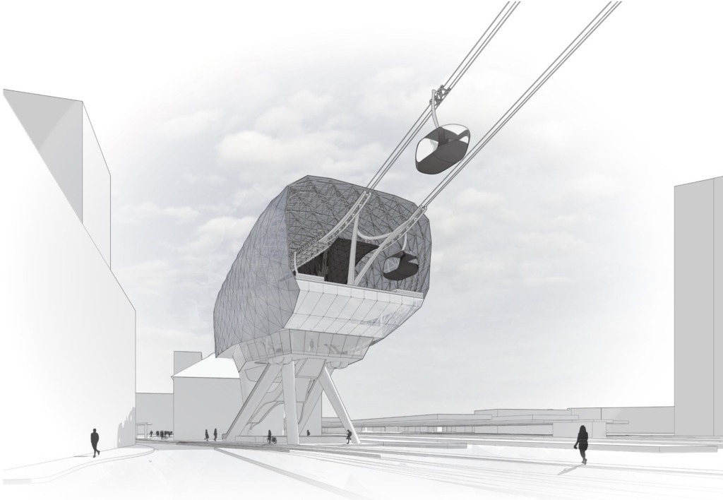 Exterior perspective of the Mannheim HBF cable car station with gondolas entering the elevated shell.
