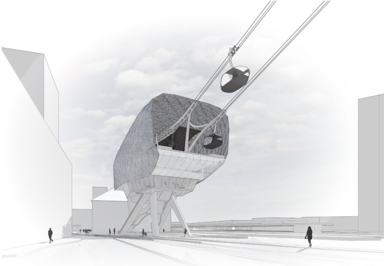 Exterior perspective of the Mannheim HBF cable car station with gondolas entering the elevated shell.