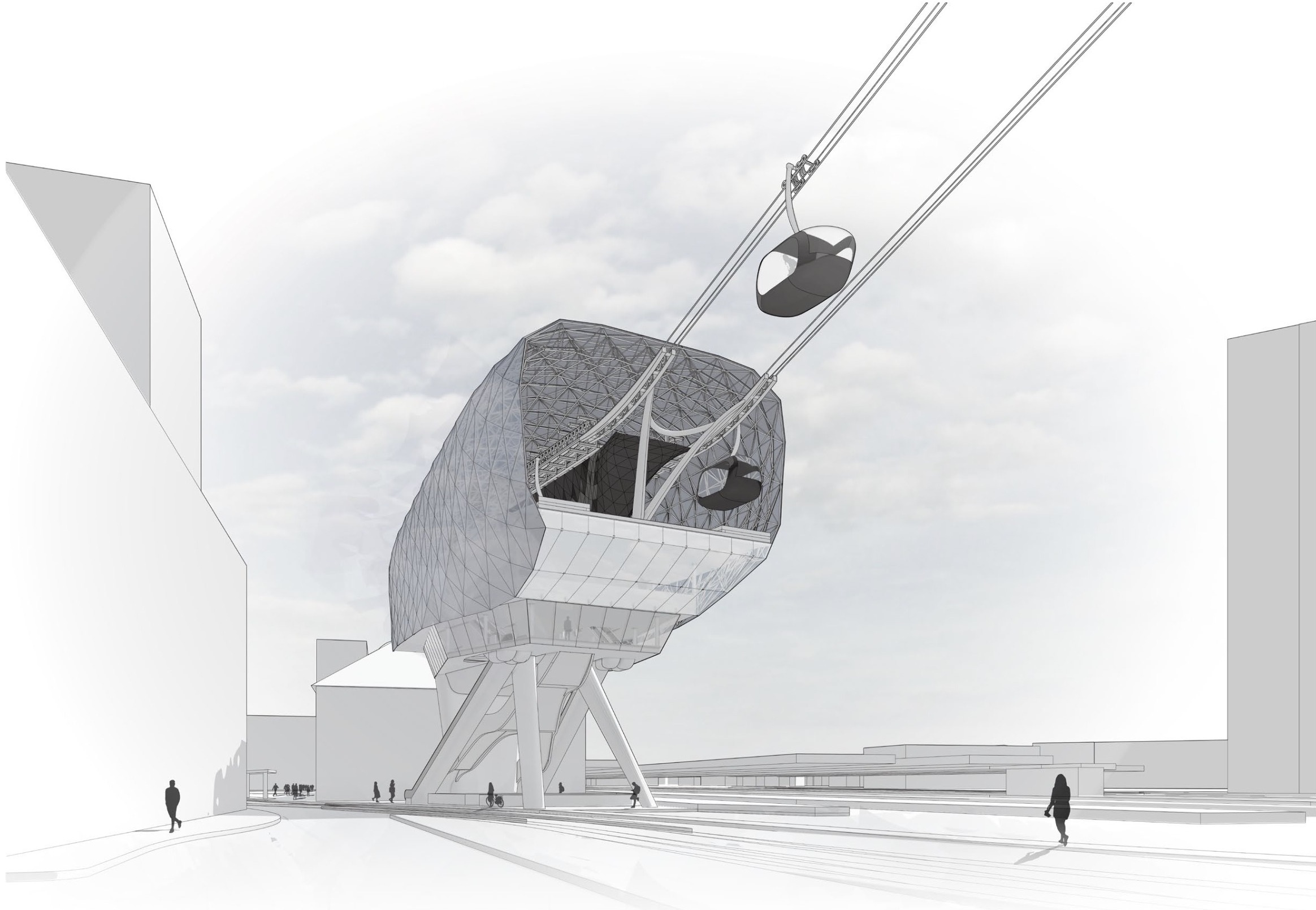 Exterior perspective of the Mannheim HBF cable car station with gondolas entering the elevated shell.