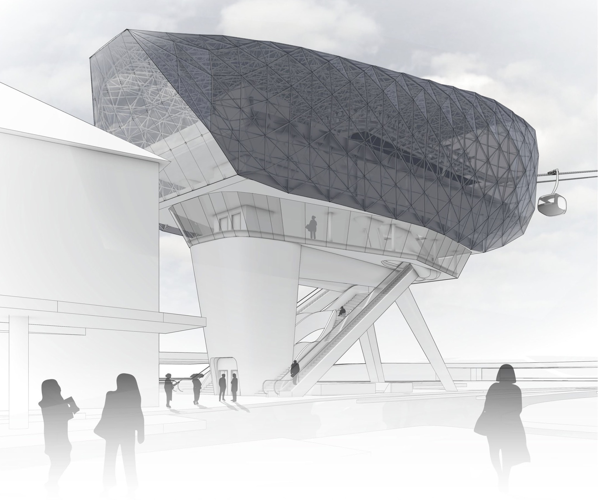 Close exterior perspective of the elevated cable car station, showing the faceted dark shell and support structure.
