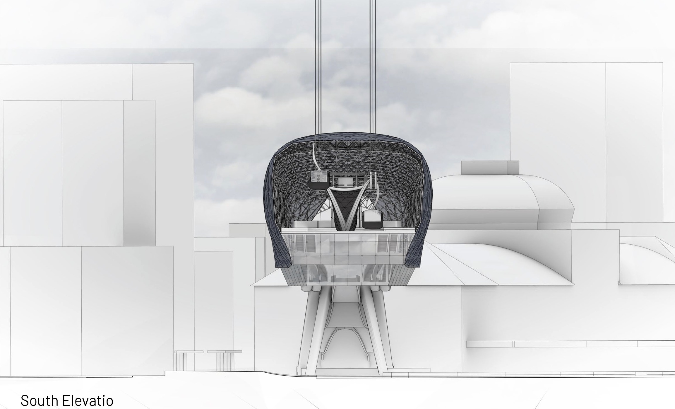 South elevation of the Mannheim HBF cable car station with the cable line and end facade.