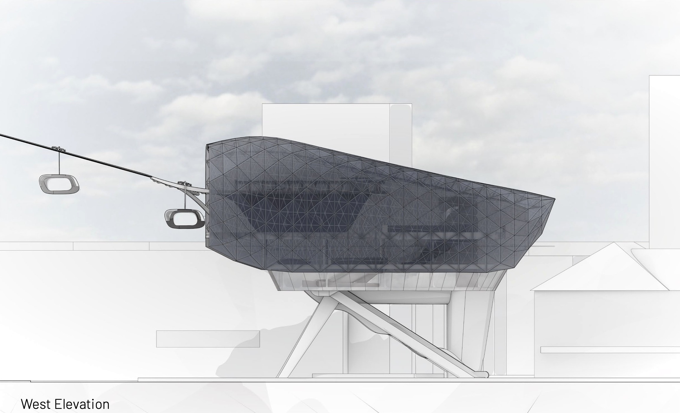 West elevation of the cable car station showing the long elevated shell and support legs.