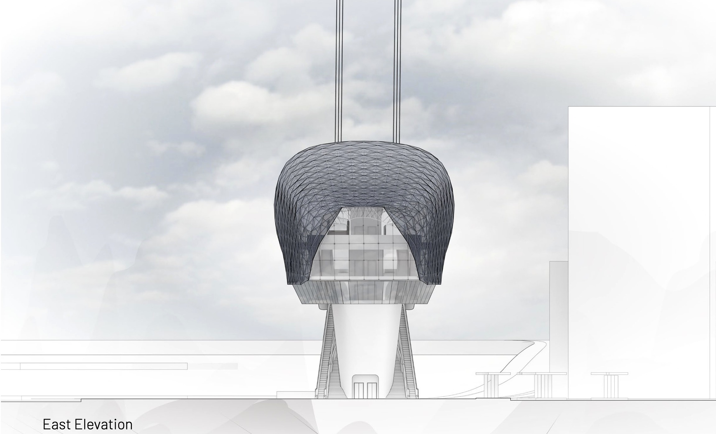 East elevation of the cable car station showing the rounded shell profile and support core.