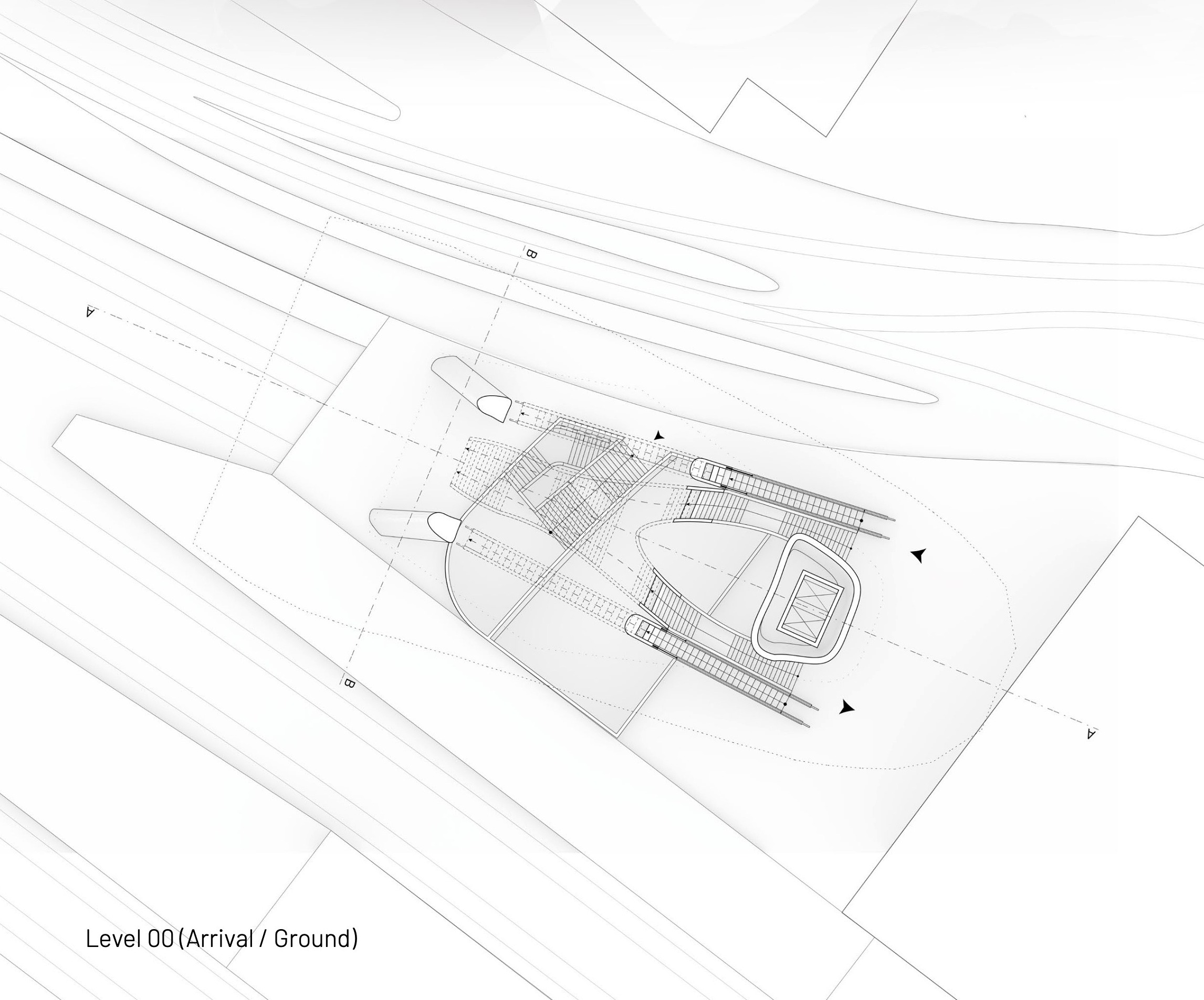Ground-floor arrival plan showing public access and the station footprint on the constrained site.