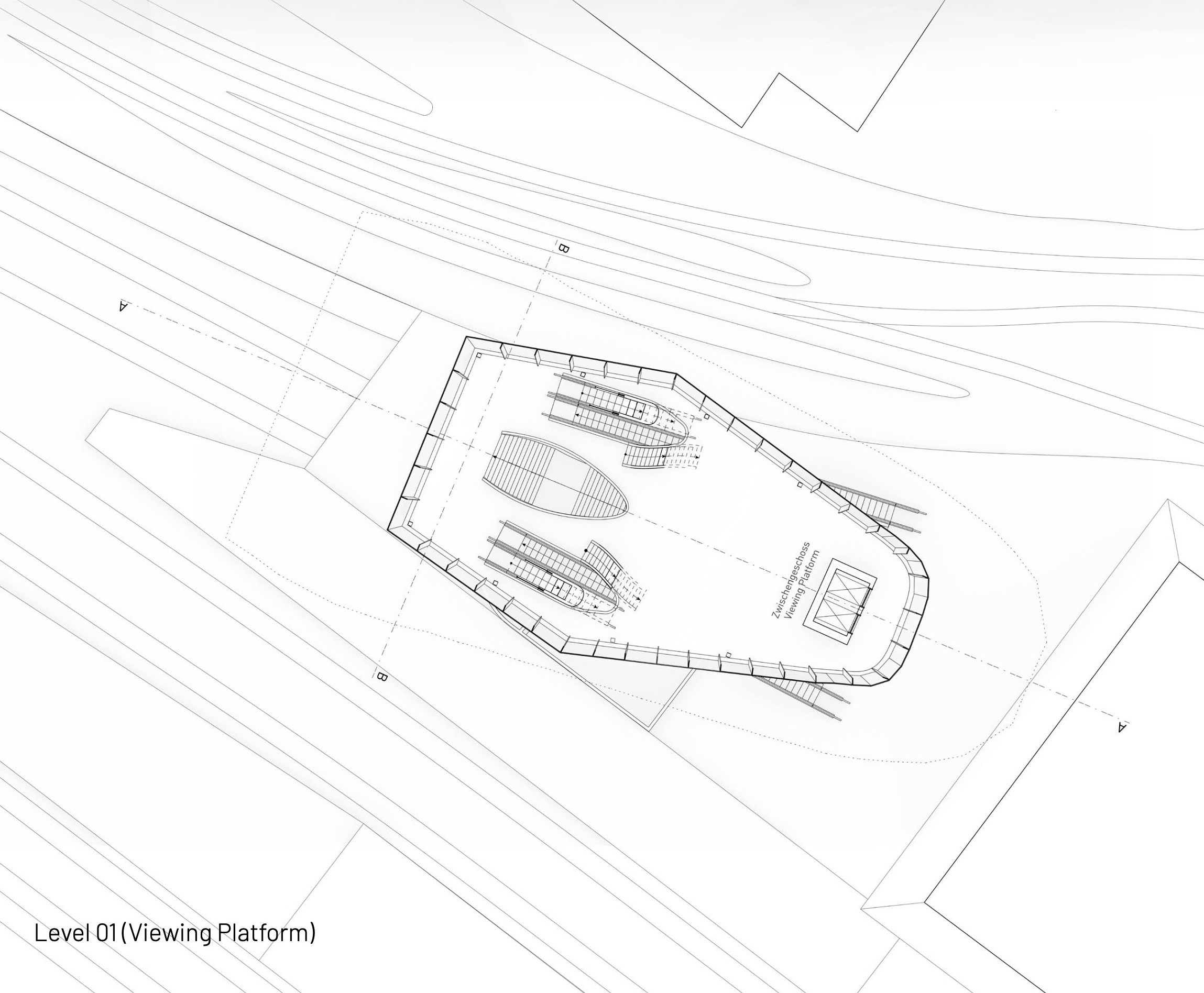 Level one plan of the viewing platform inside the Mannheim HBF cable car station.