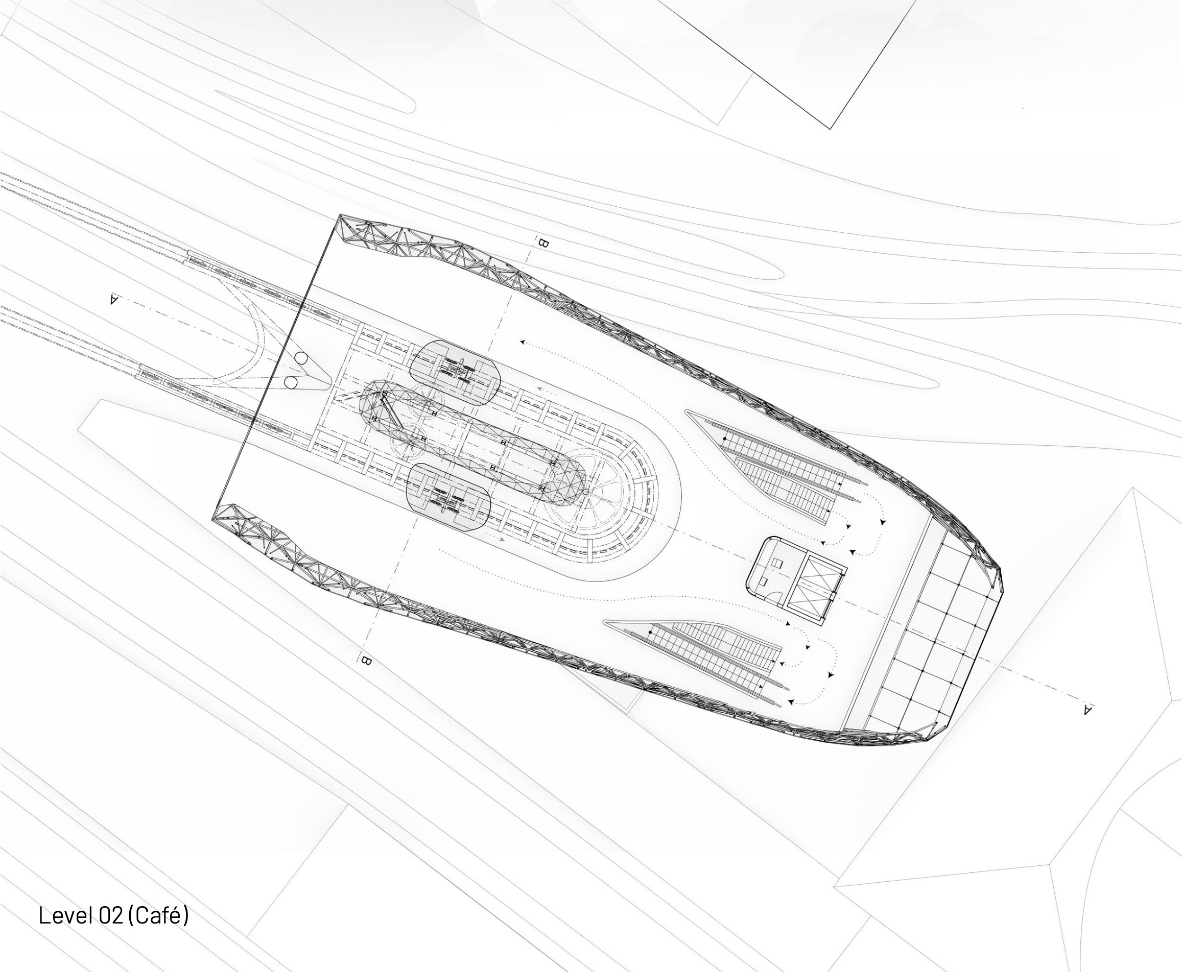 Level two plan showing the cafe layout within the elevated cable car station.