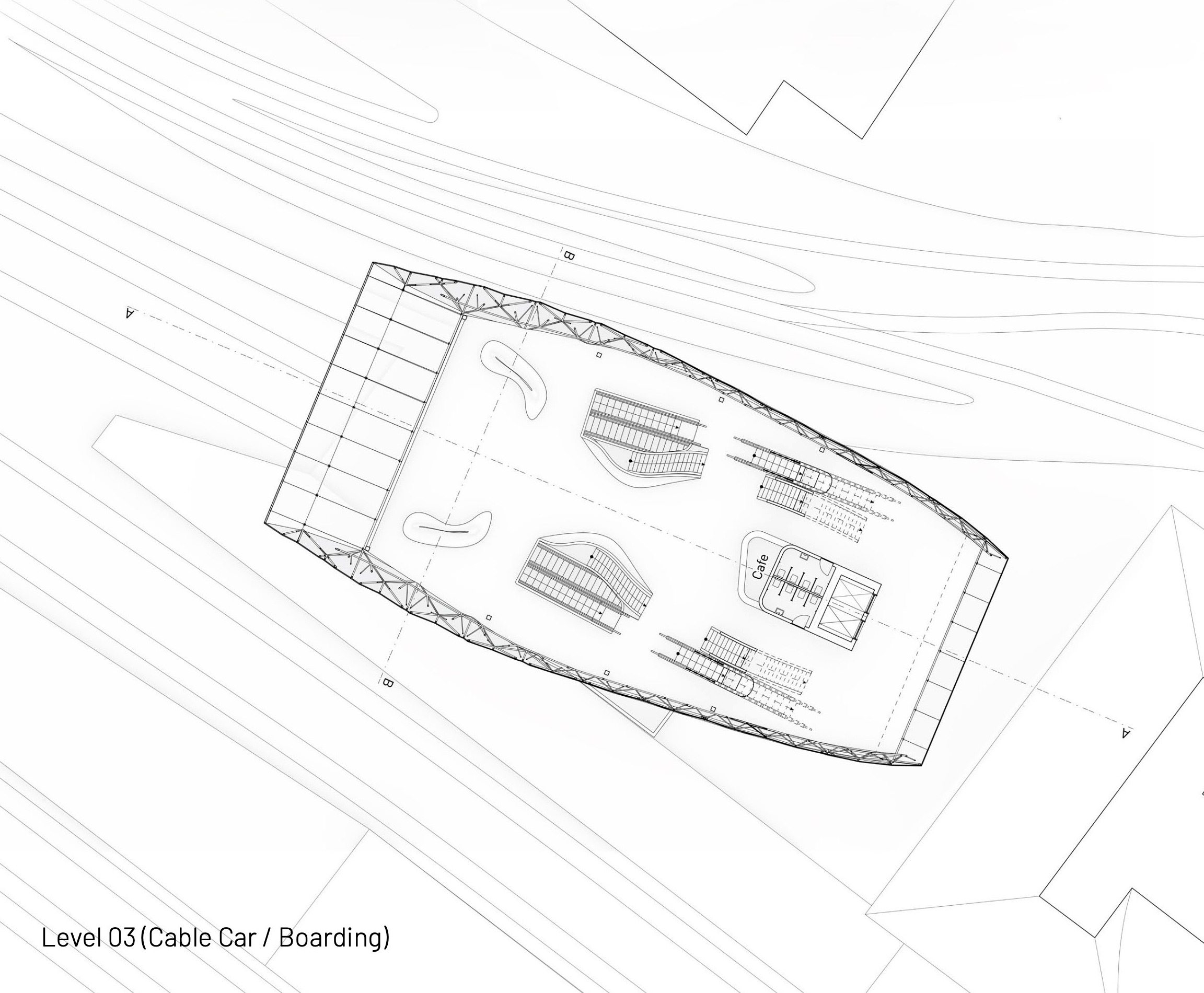 Level three boarding plan showing gondola platforms and passenger circulation.