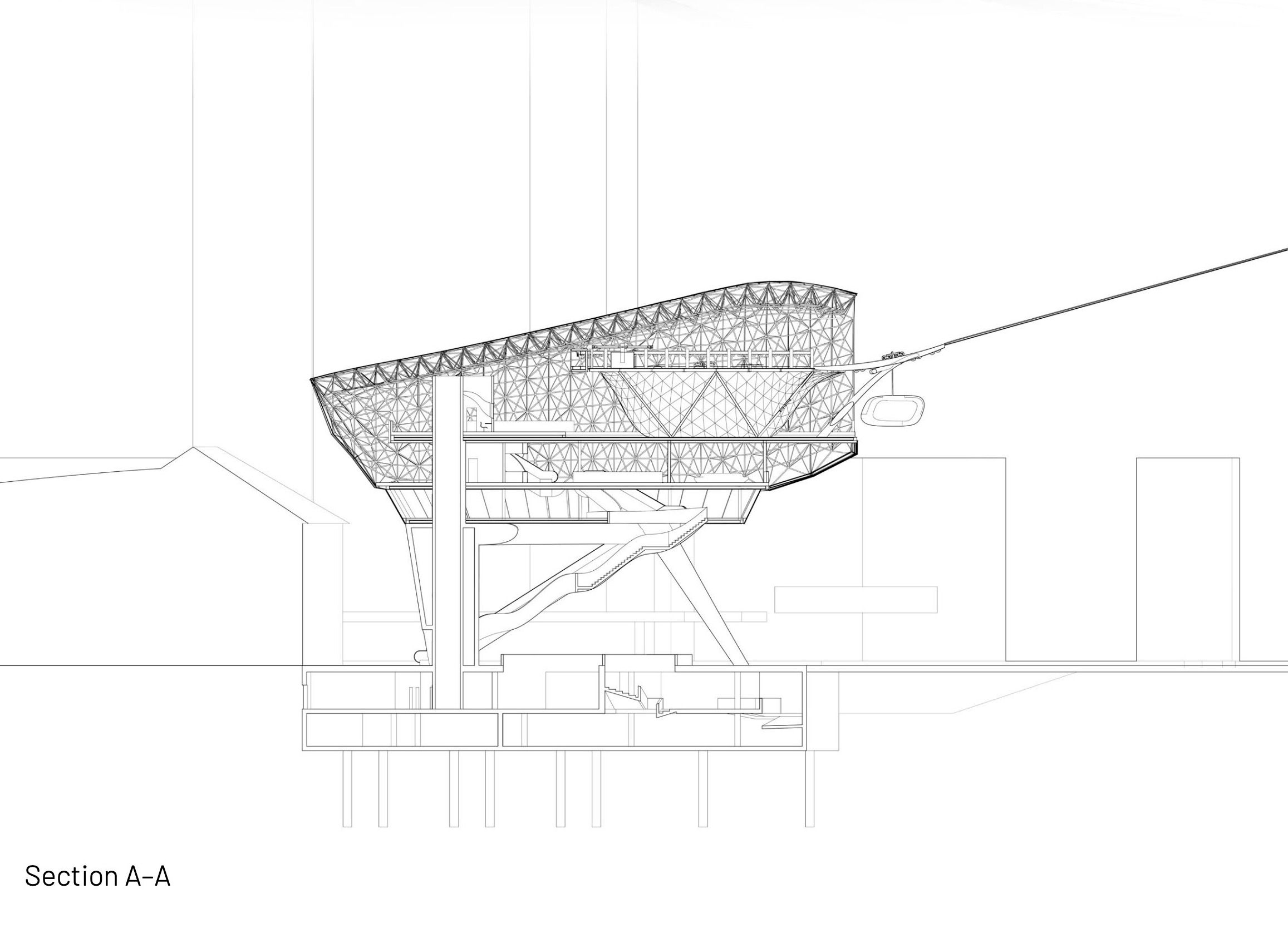 Section A-A through the cable car station showing the support structure, internal levels, and cable line.