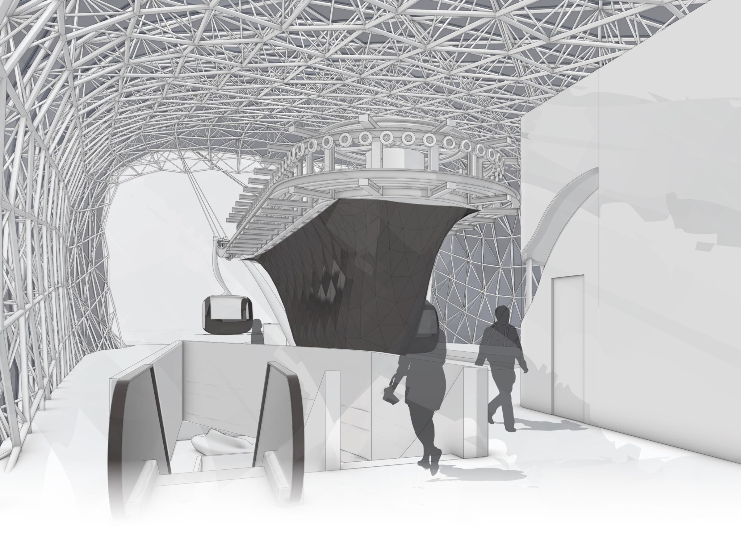 Interior perspective of the boarding hall, with gondolas arriving beneath the structural shell.