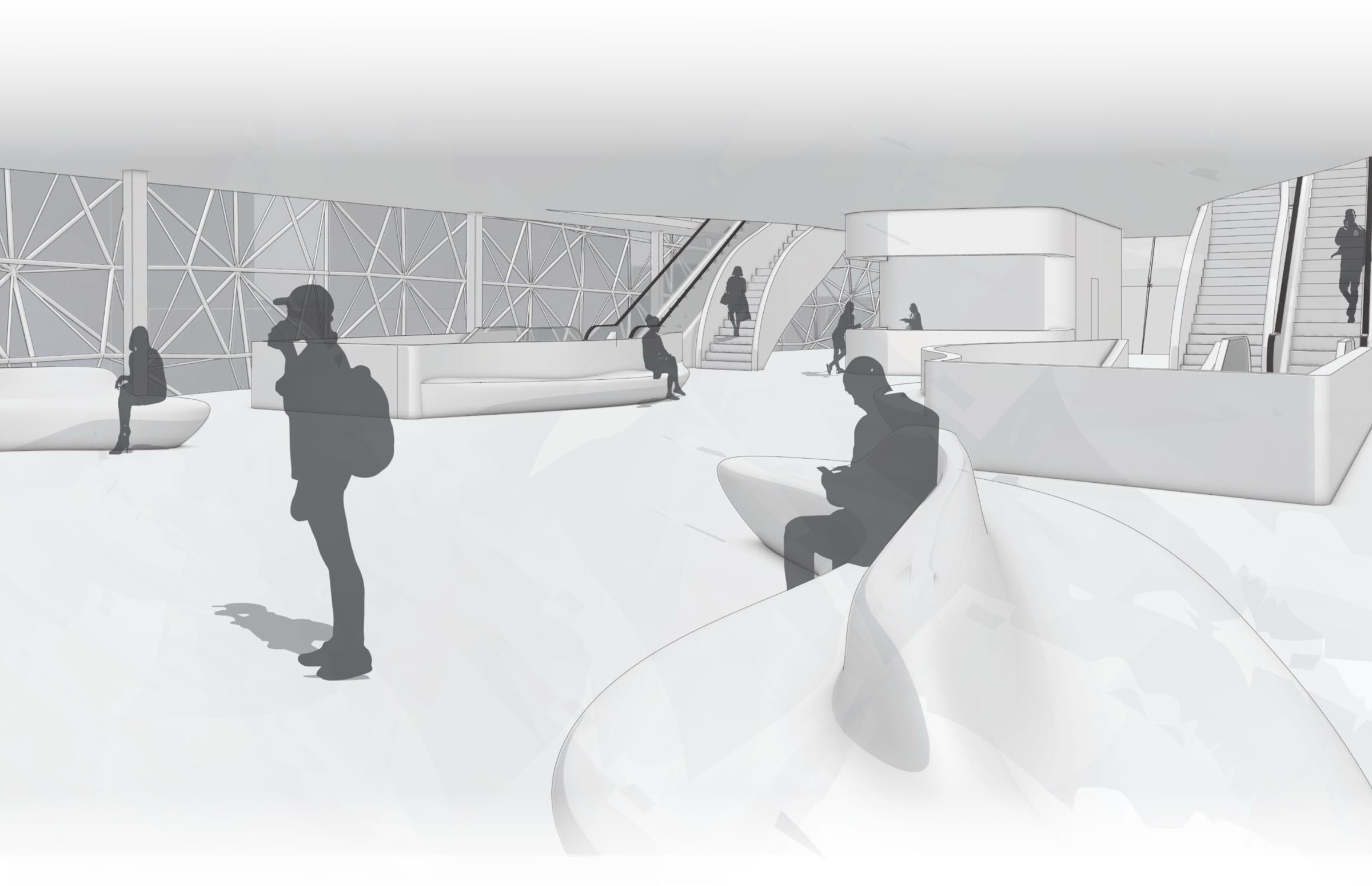 Interior perspective of the public concourse with seating, circulation, and escalator access.