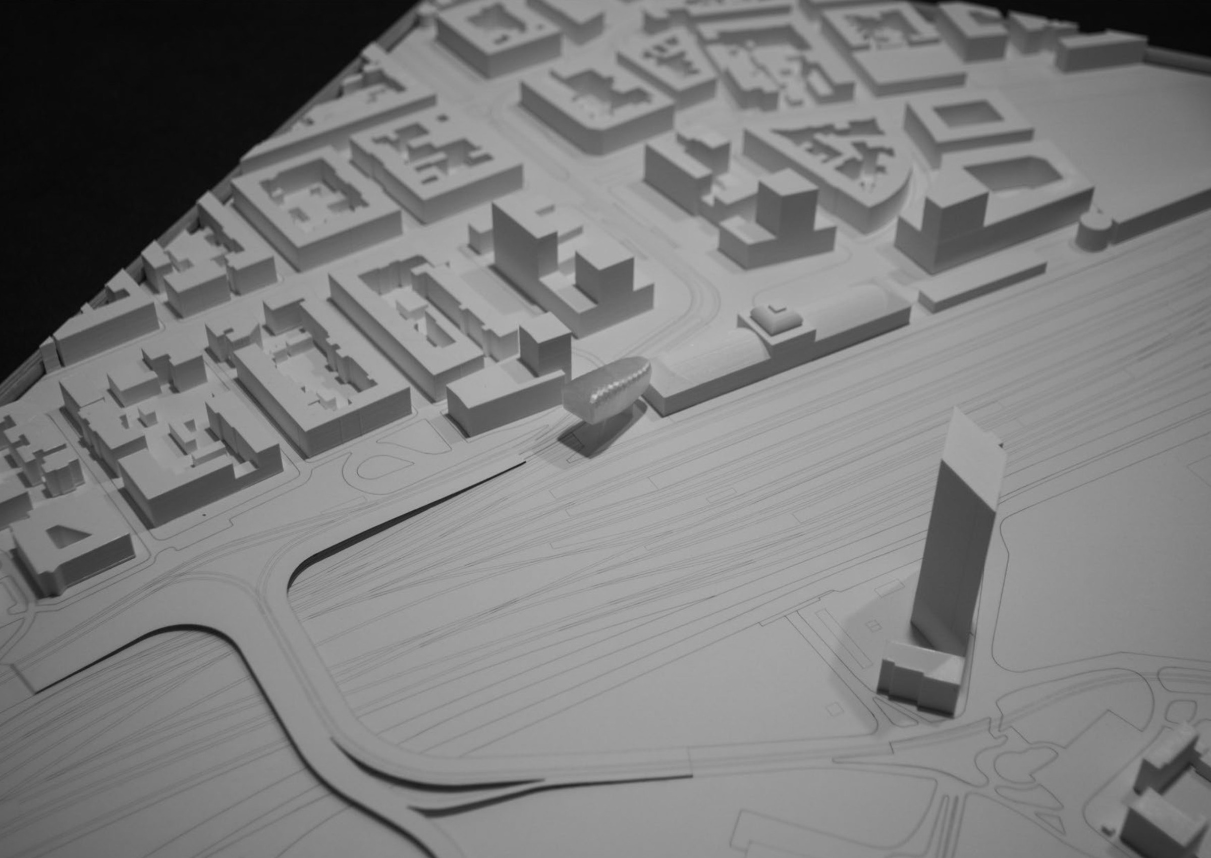 Physical model showing the cable car station in its urban rail-side context.