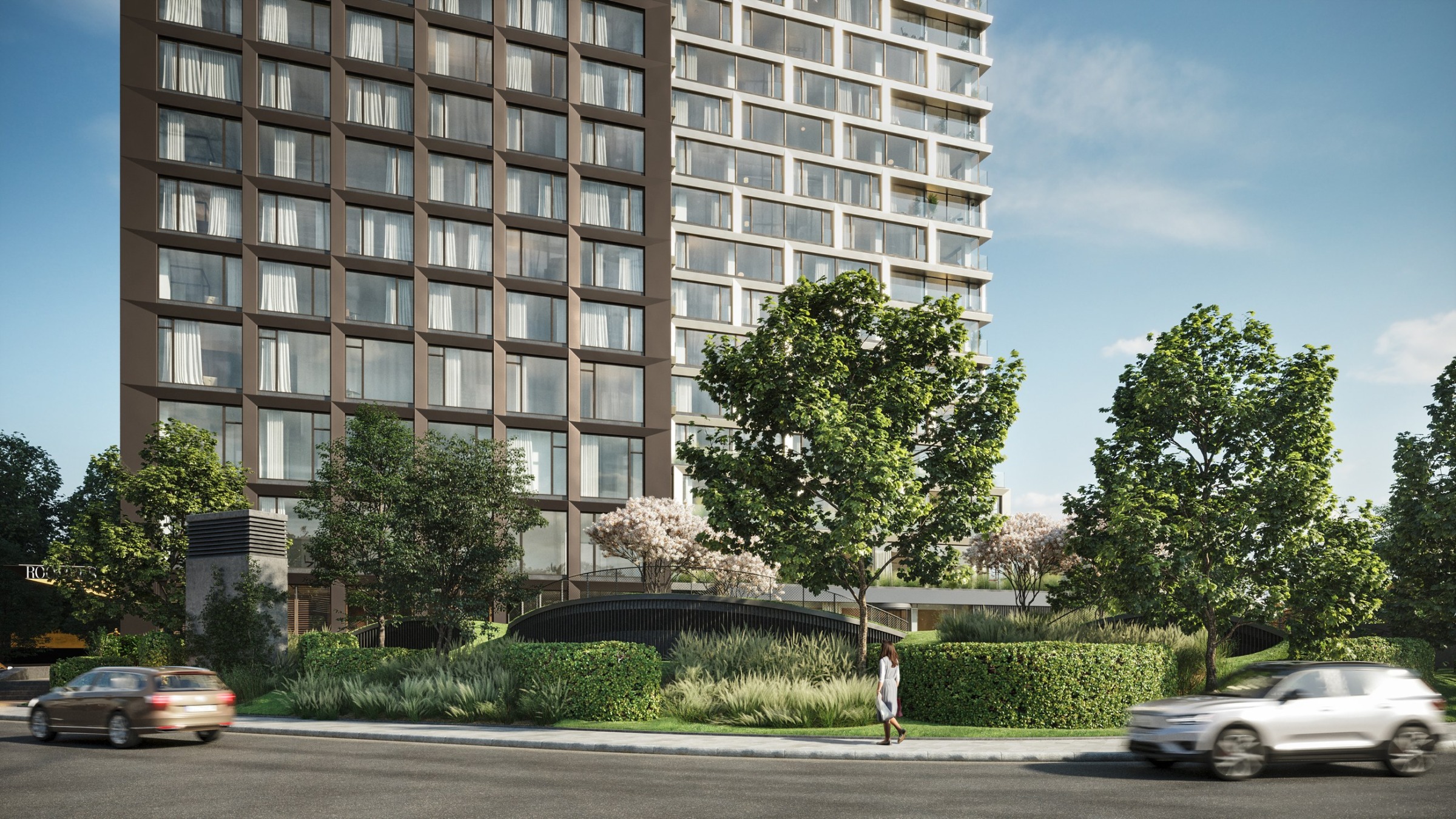 160 Park View facade and podium landscape along the park edge
