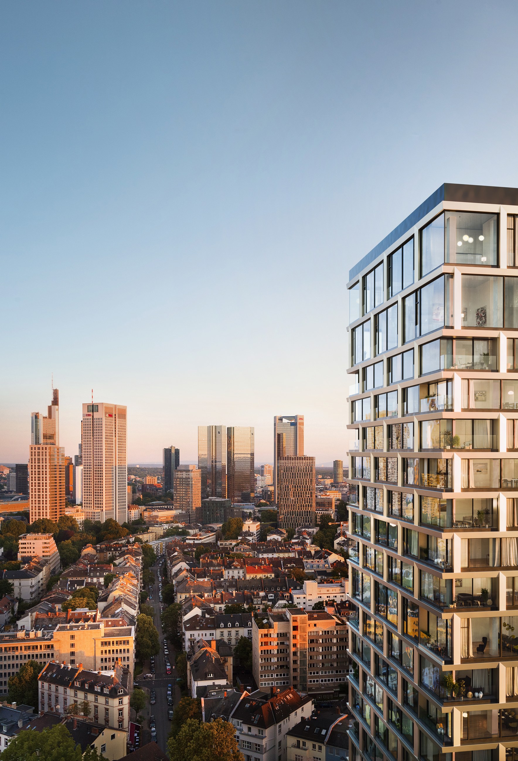 160 Park View tower with Frankfurt skyline at sunset