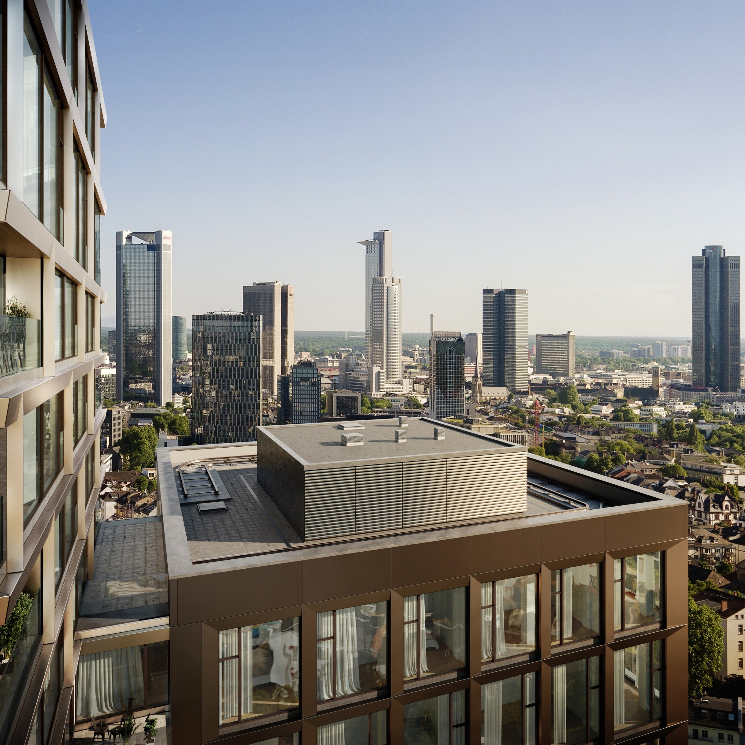 Hotel roof terrace view from 160 Park View toward Frankfurt