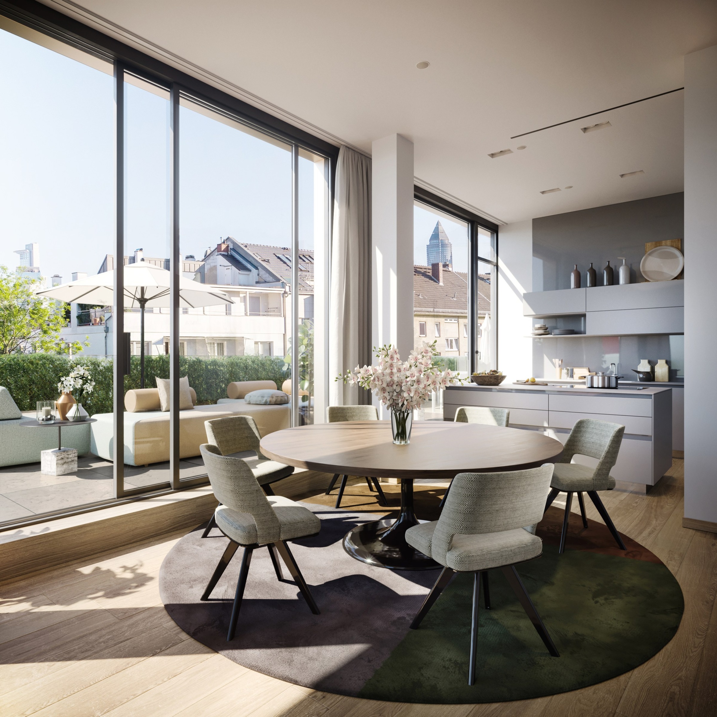 Residential interior with terrace and panoramic windows at 160 Park View