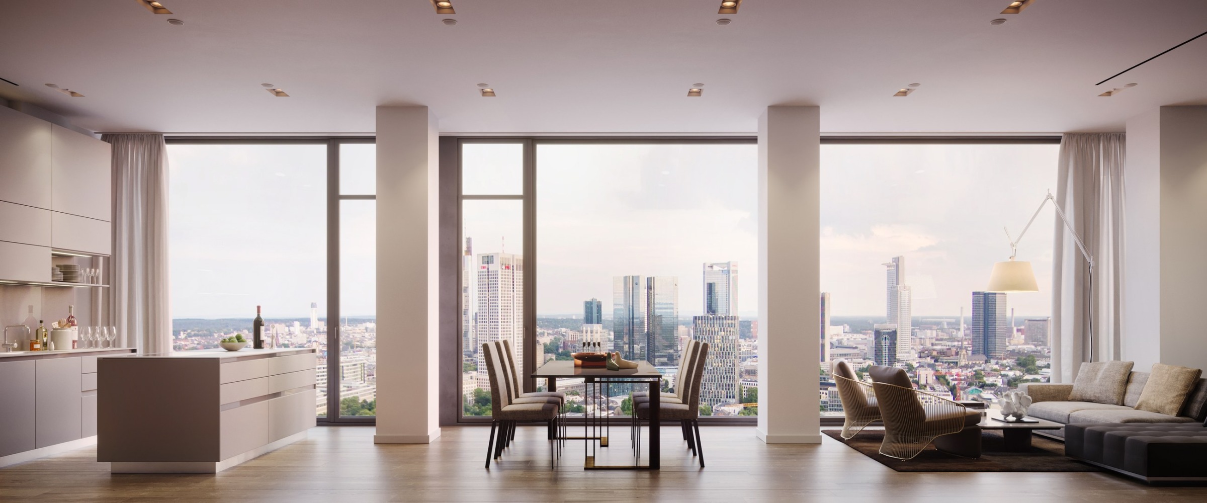 Daylight apartment interior with skyline view at 160 Park View