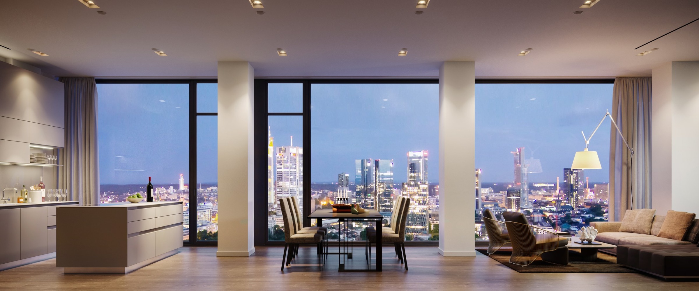 Night apartment interior with Frankfurt skyline view at 160 Park View