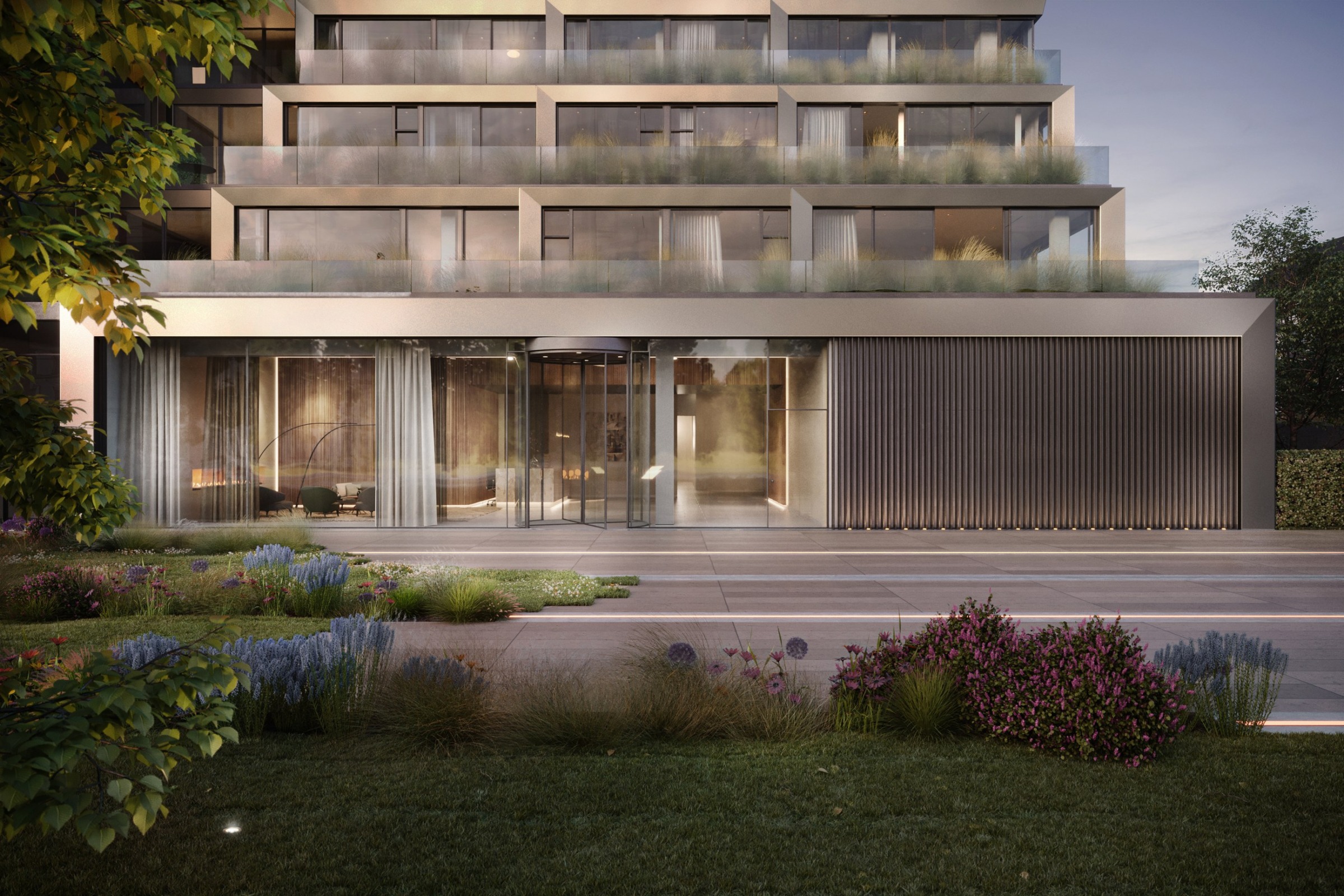 160 Park View lobby frontage and podium landscape