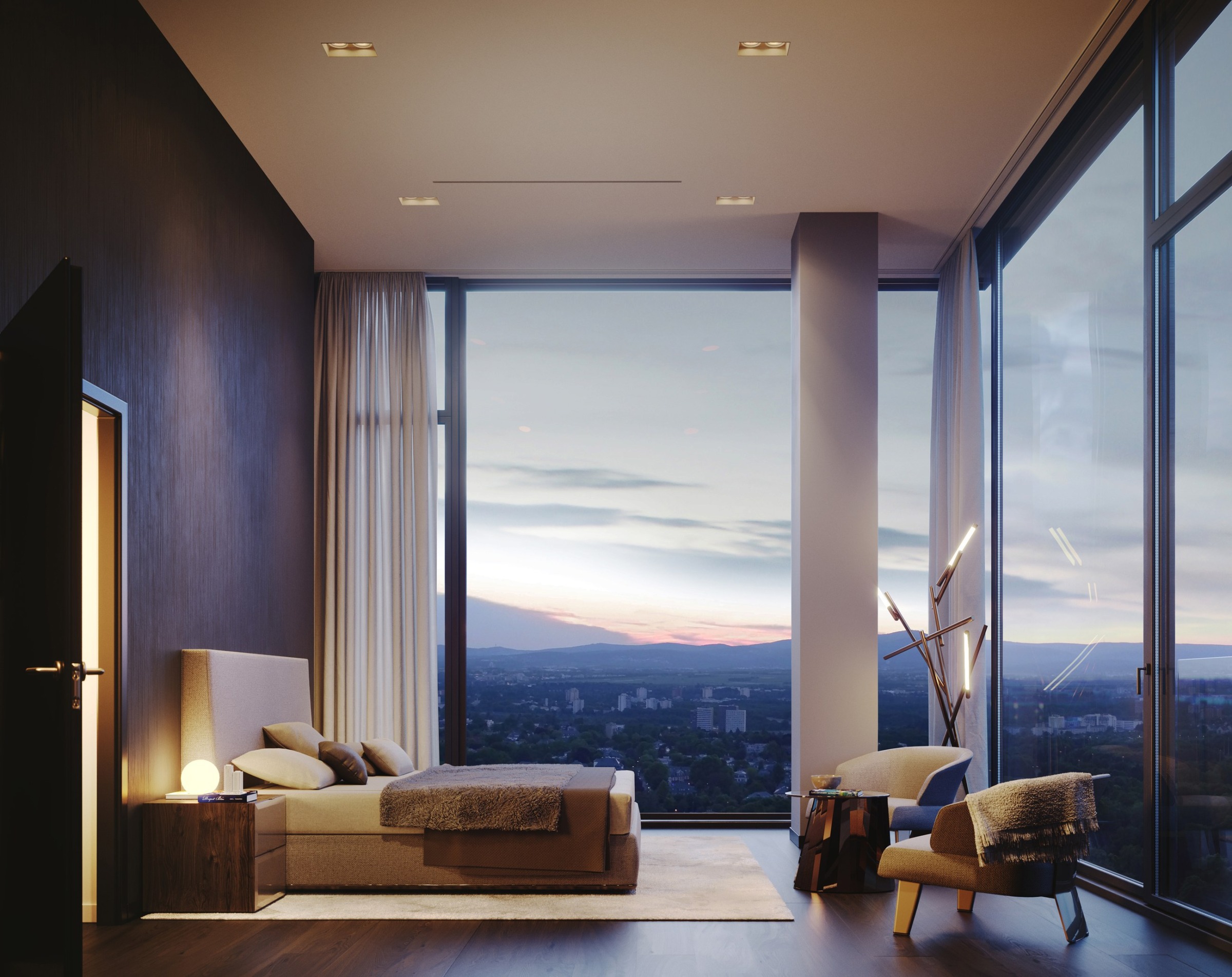 Bedroom interior with skyline view at 160 Park View