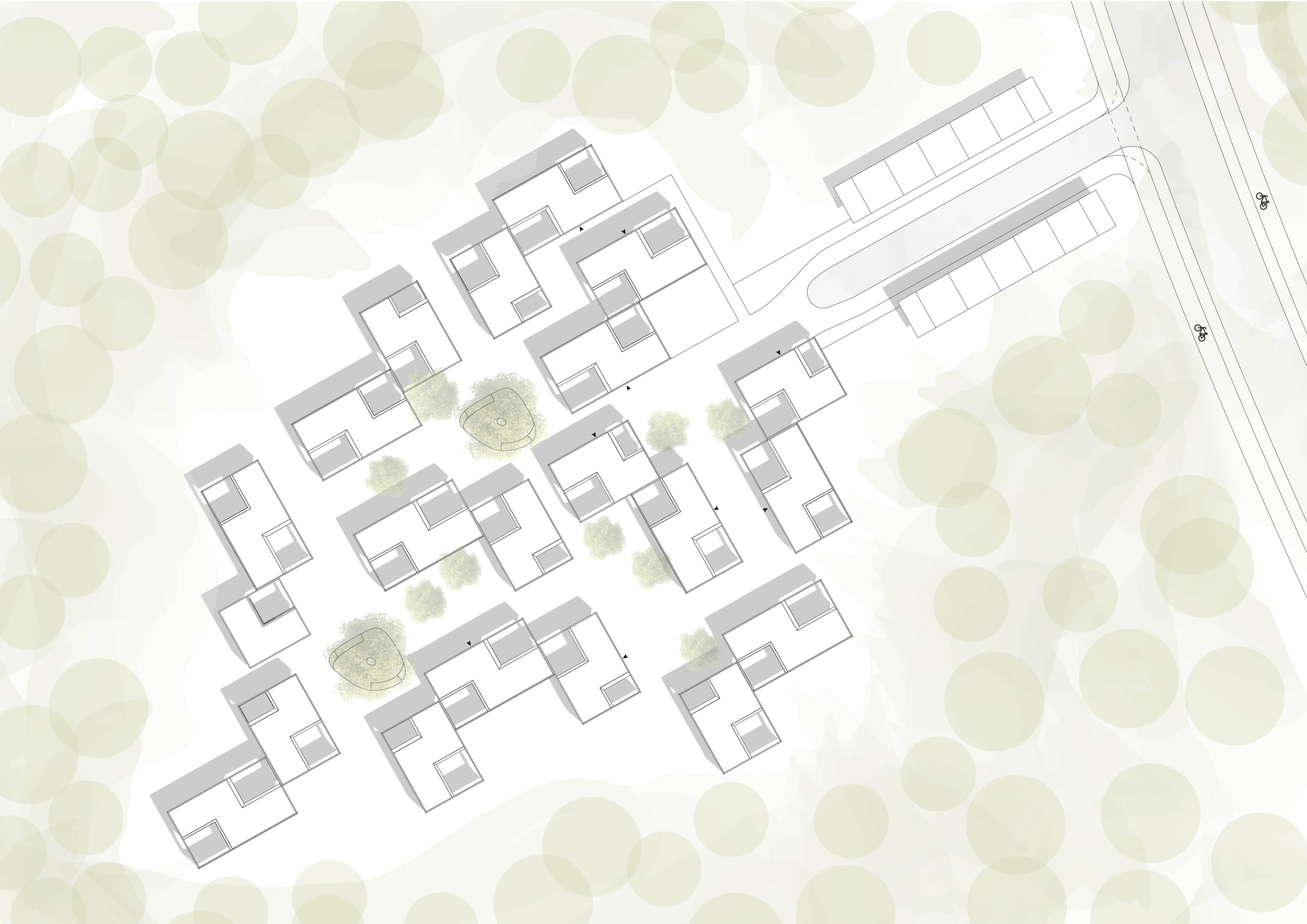 Site plan of clustered courtyard houses within a wooded setting.
