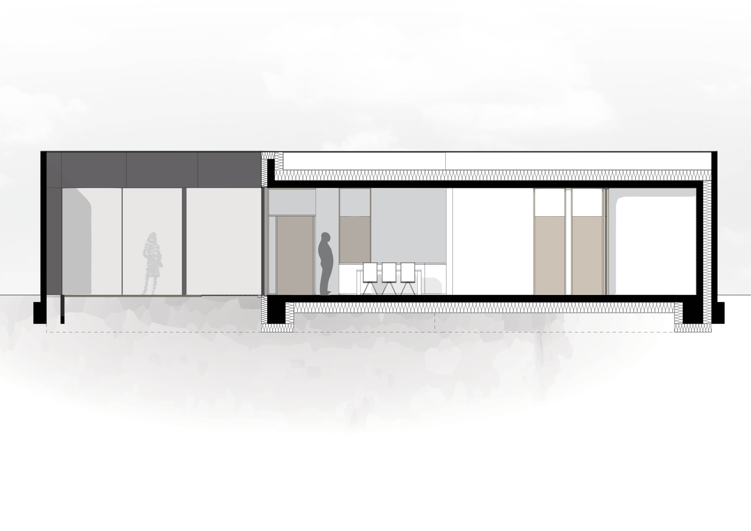 Longitudinal section through a courtyard house showing interior rooms, roof structure, and floor build-up.