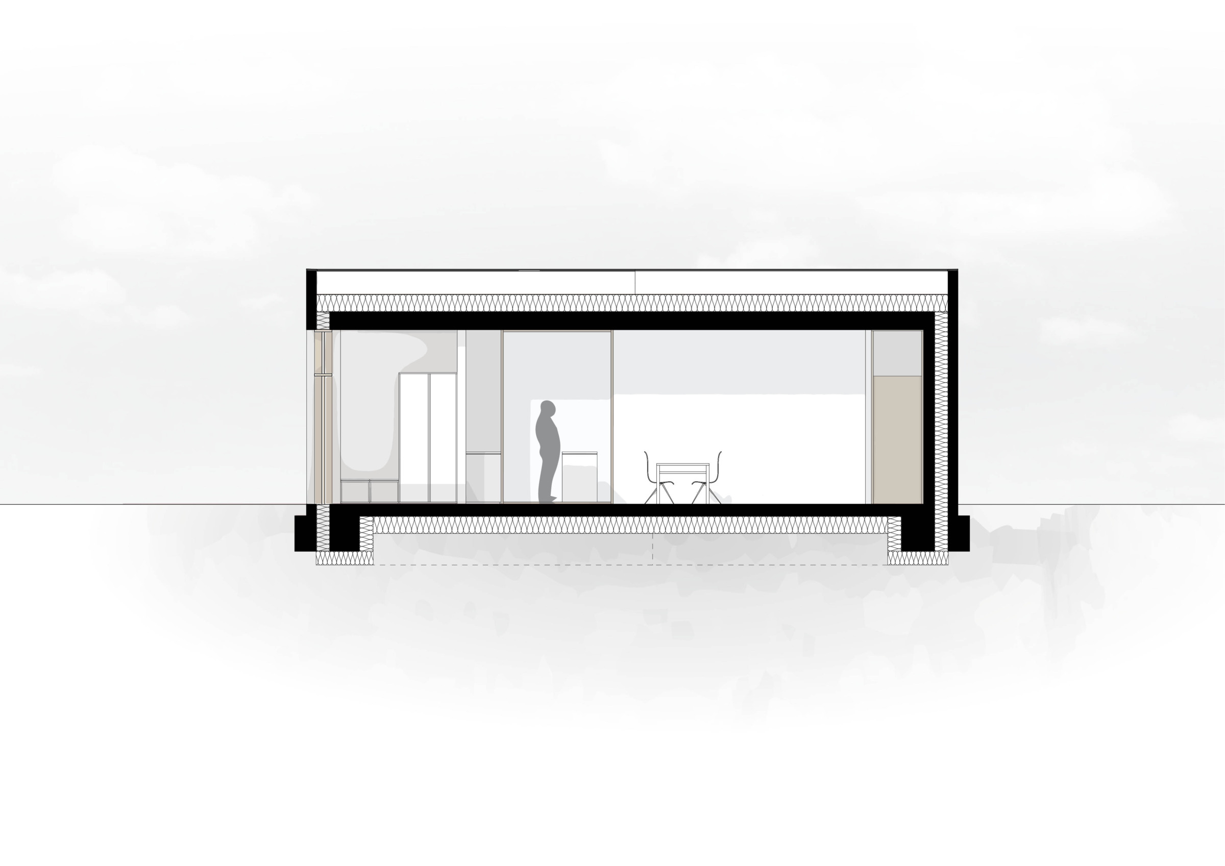 Cross section through a compact courtyard house with a human figure for scale.
