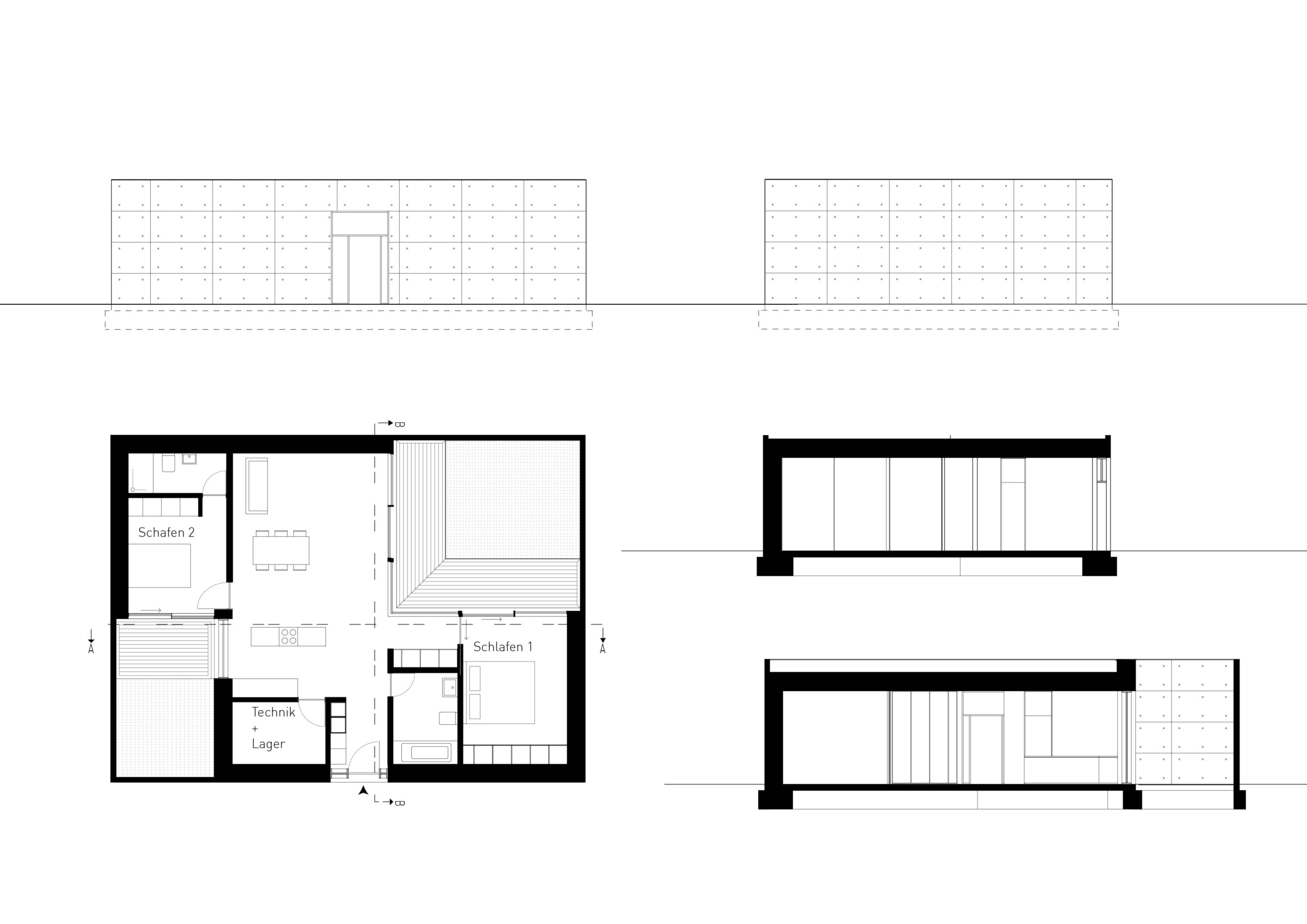 Drawing sheet with plan, elevations, and sections for one courtyard house module.