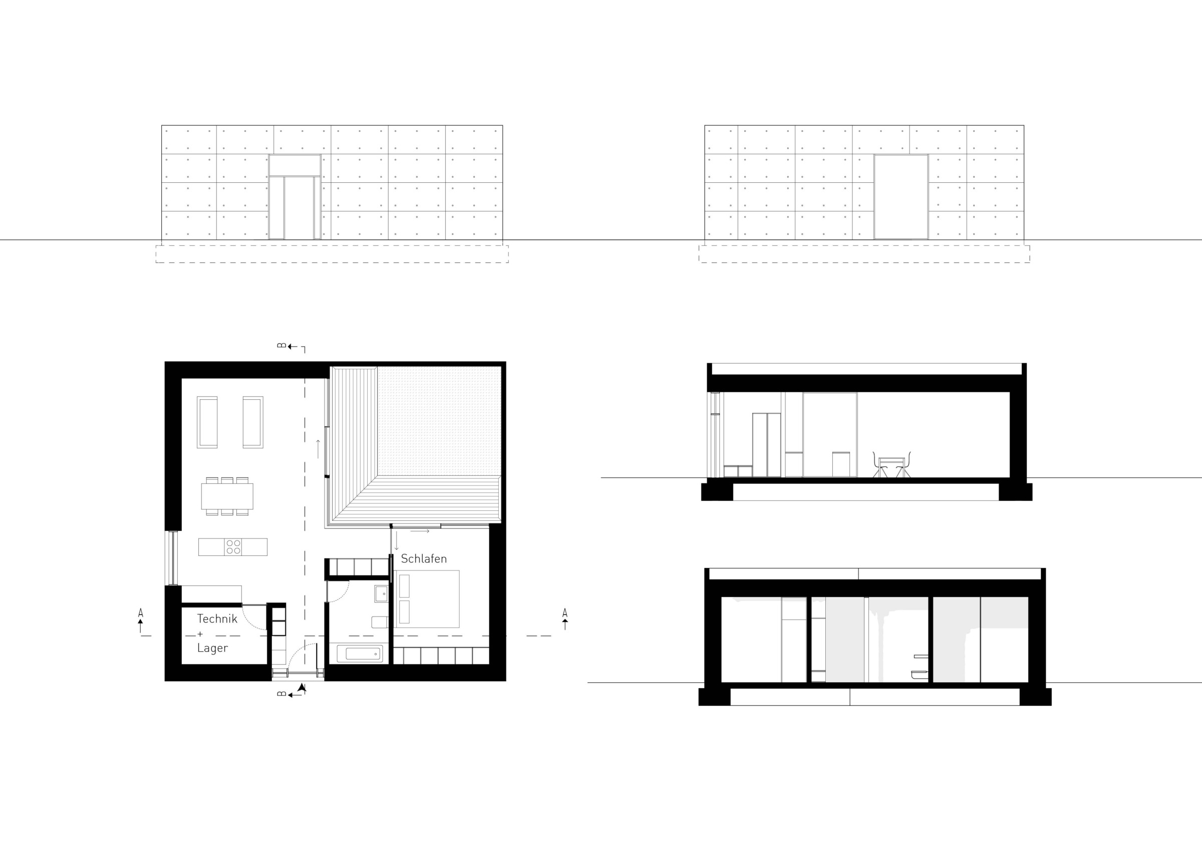 Drawing sheet showing a compact courtyard housing unit with plans, elevations, and sections.