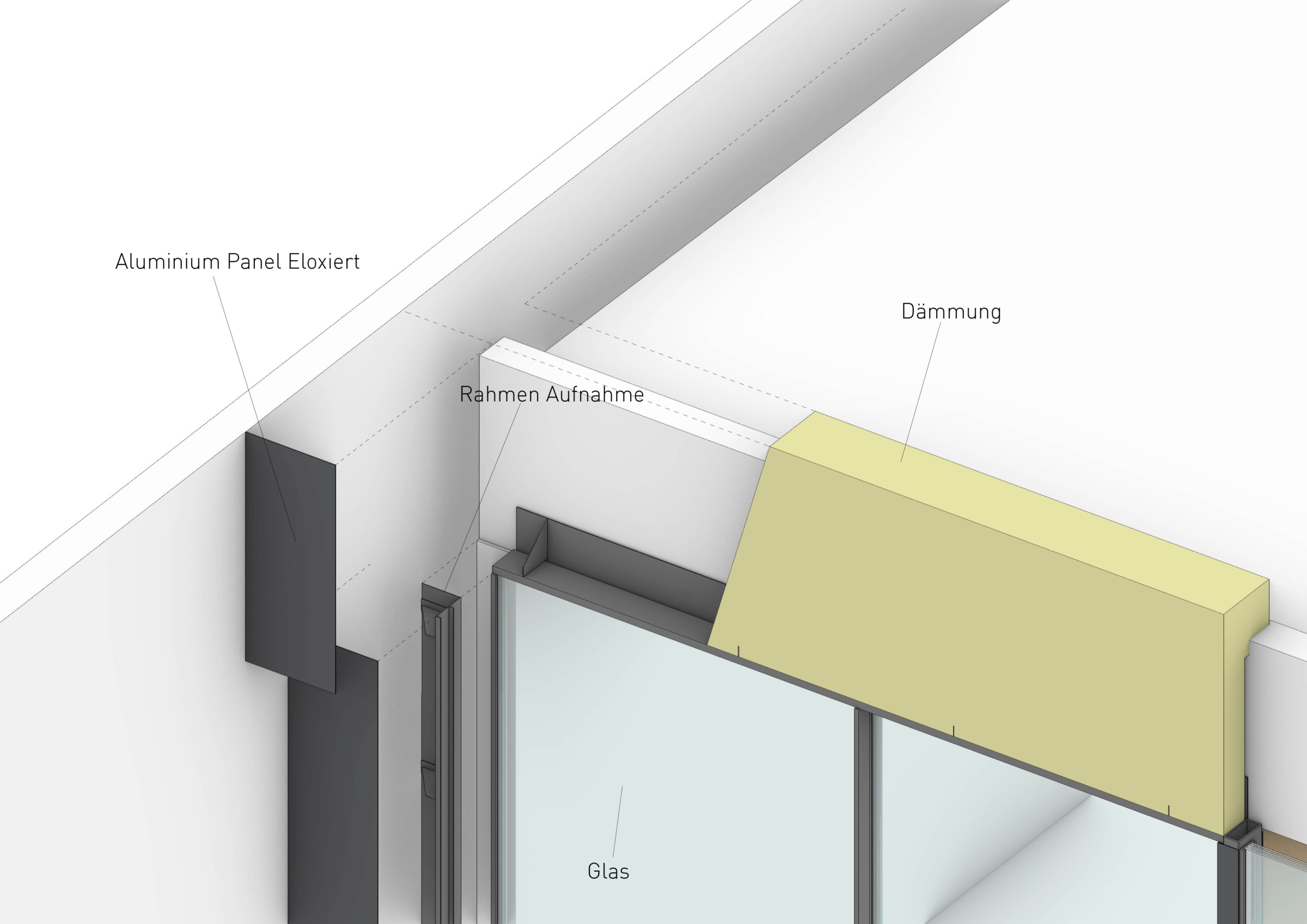 Detail view of the facade construction, roof edge, window, and parapet.