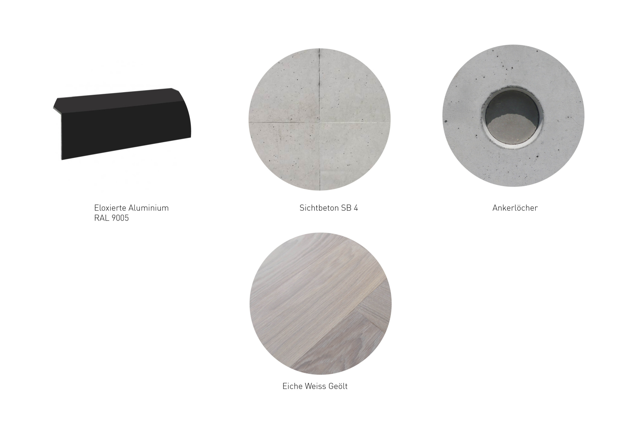 Material palette with dark facade massing, light concrete, circular construction elements, and timber surface samples.