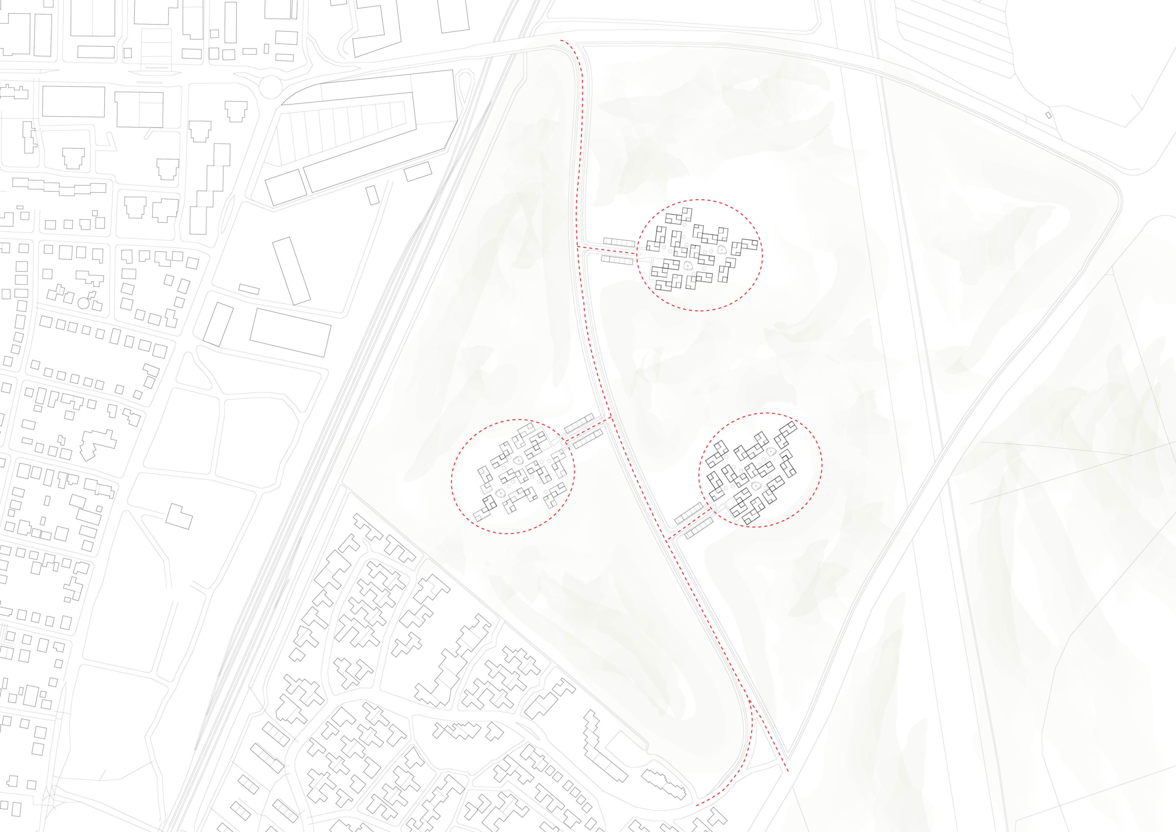 Light contextual sketch of the proposed housing cluster in the landscape.