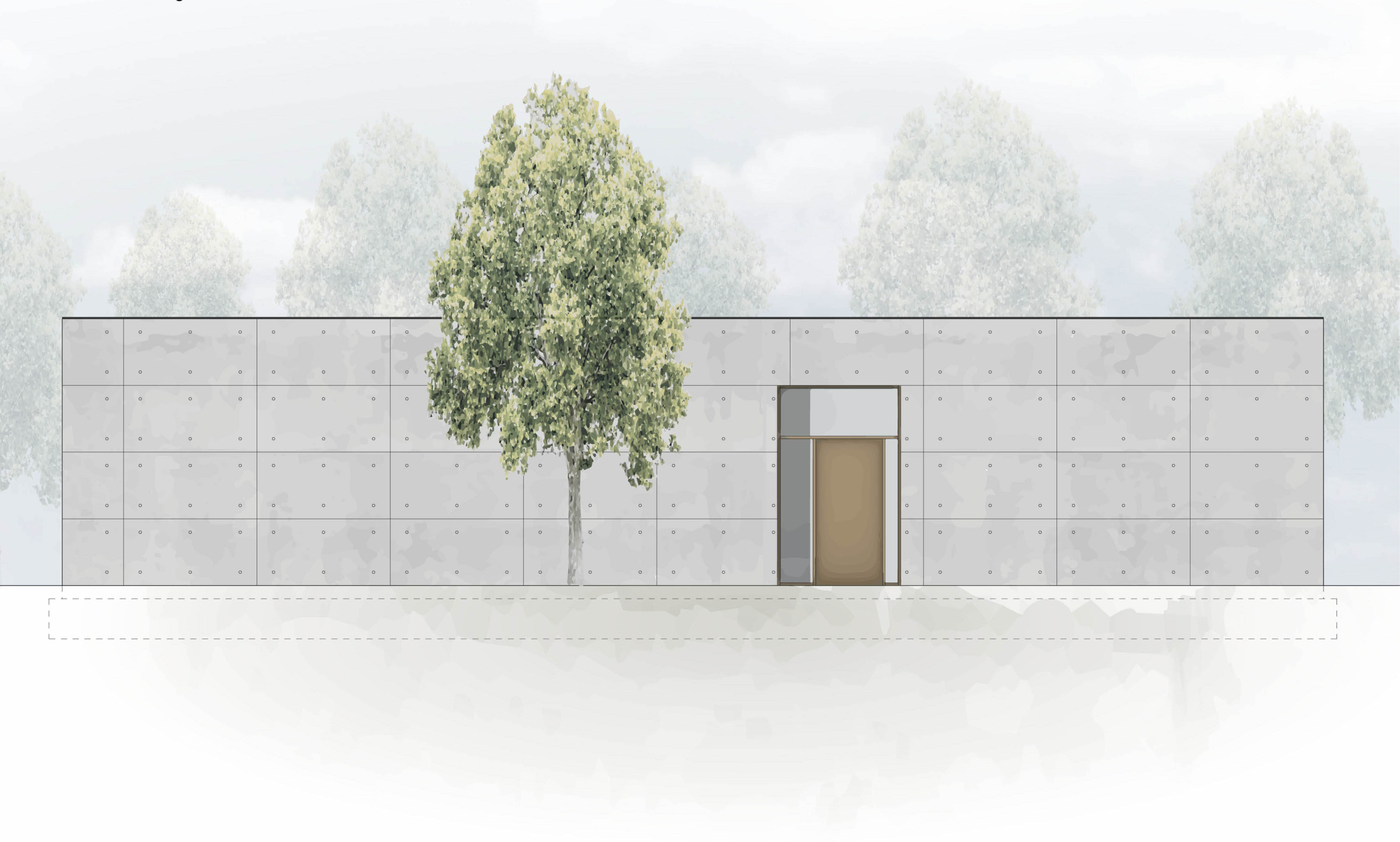 Facade elevation of a low courtyard house with a tree in front.
