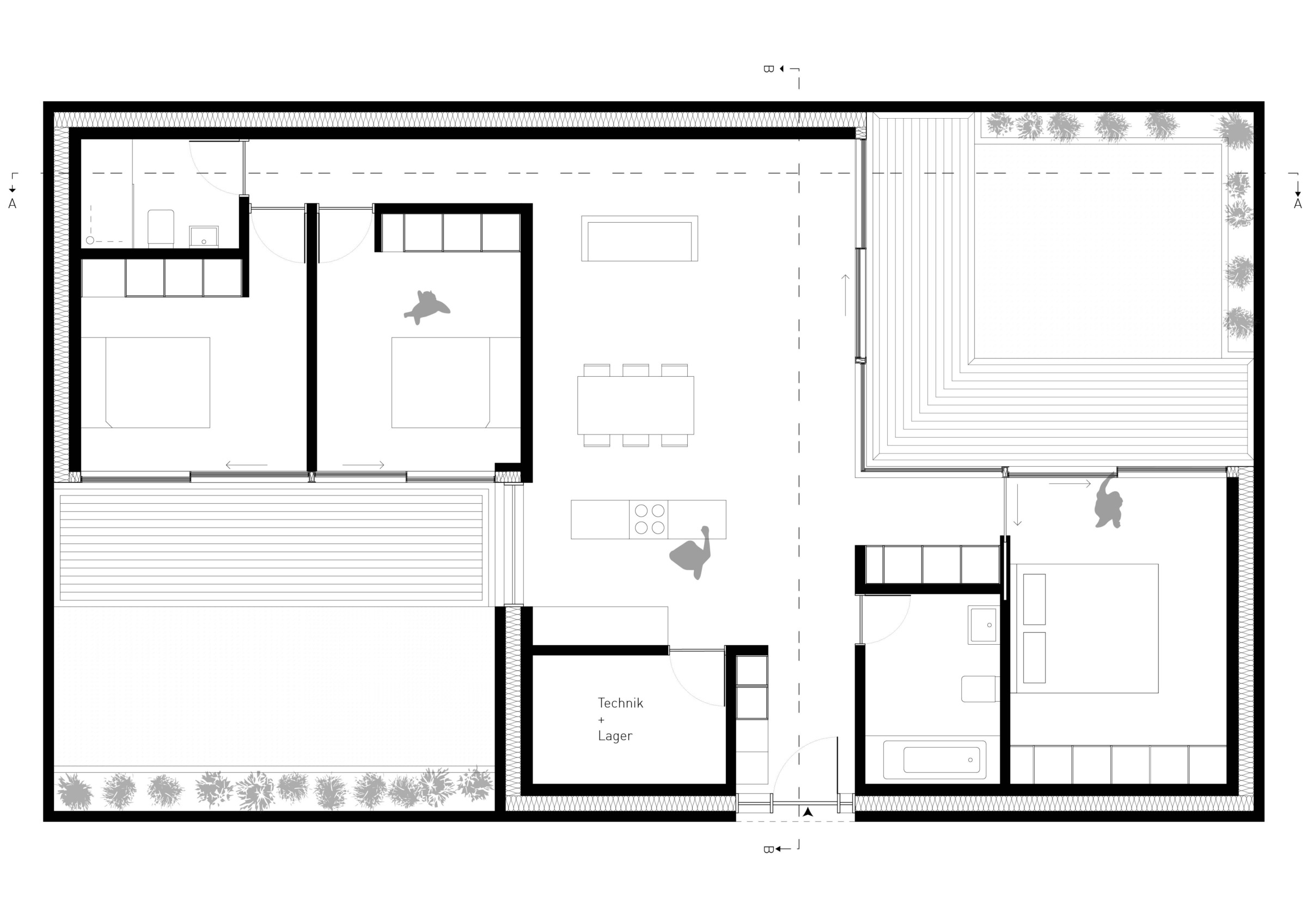 Floor plan of an L-shaped courtyard house with rooms arranged around a private outdoor space.