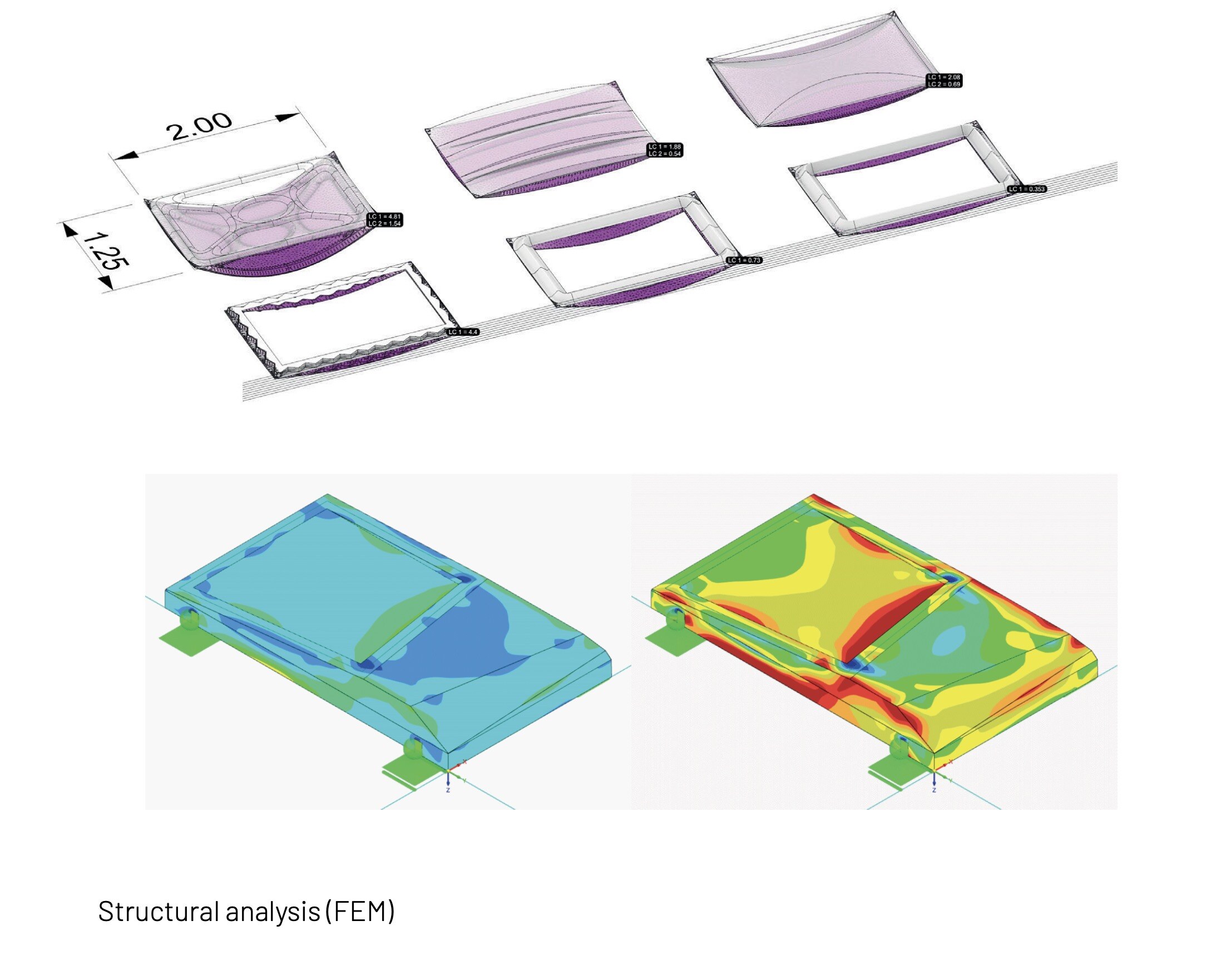 FEM structural analysis diagrams of Adaptive Sun Skins panel variants with deformation color maps.