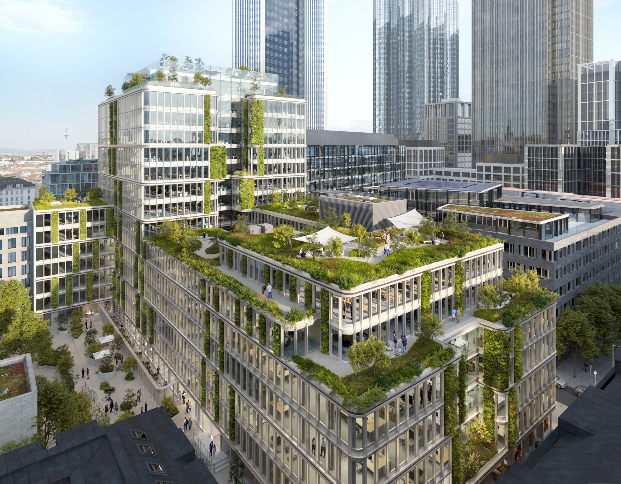 Aerial view of CANYON with planted terraces in Frankfurt