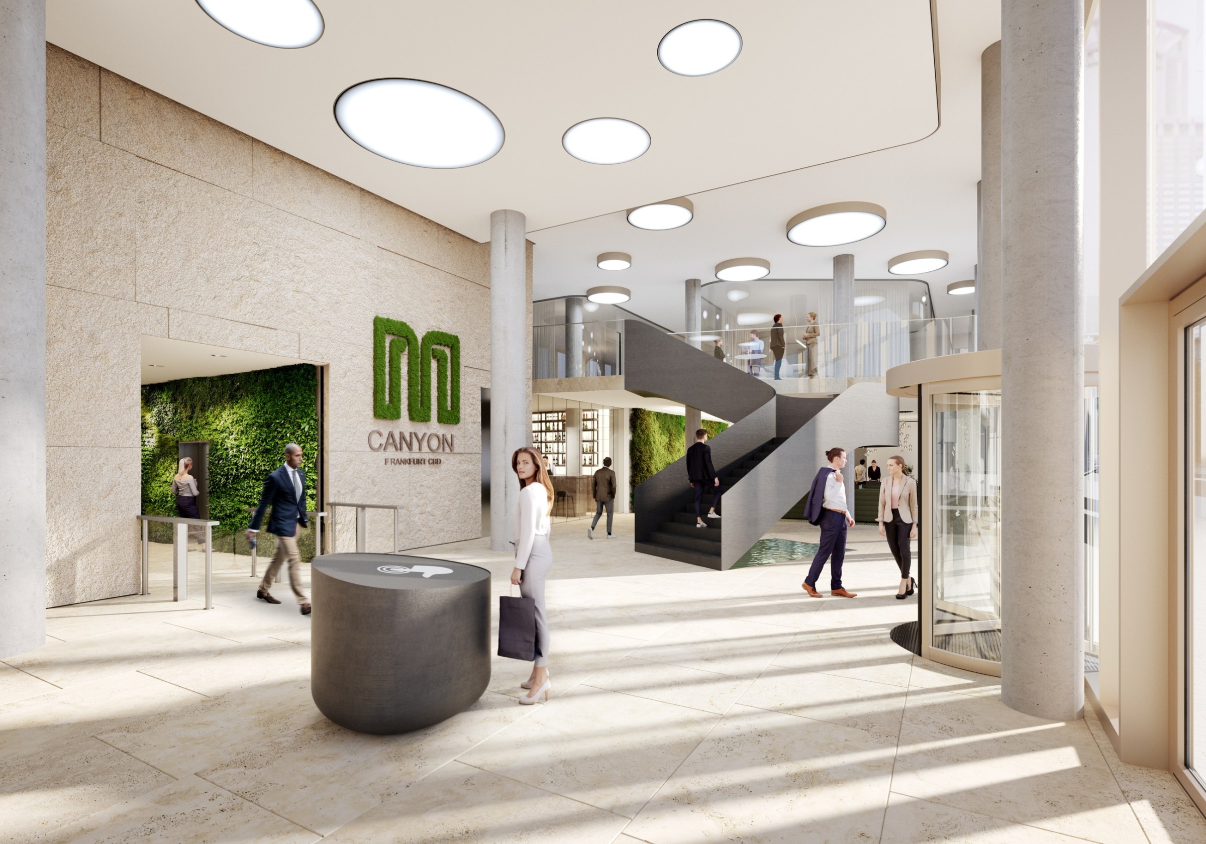 CANYON public lobby perspective with stair and double-height space