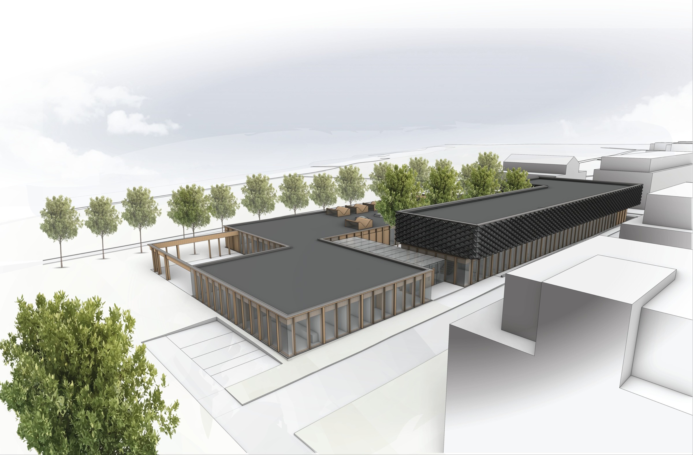 Rendered aerial view of Hospiz Facettenreich with courtyard, planted roof deck and faceted upper volume in Darmstadt.