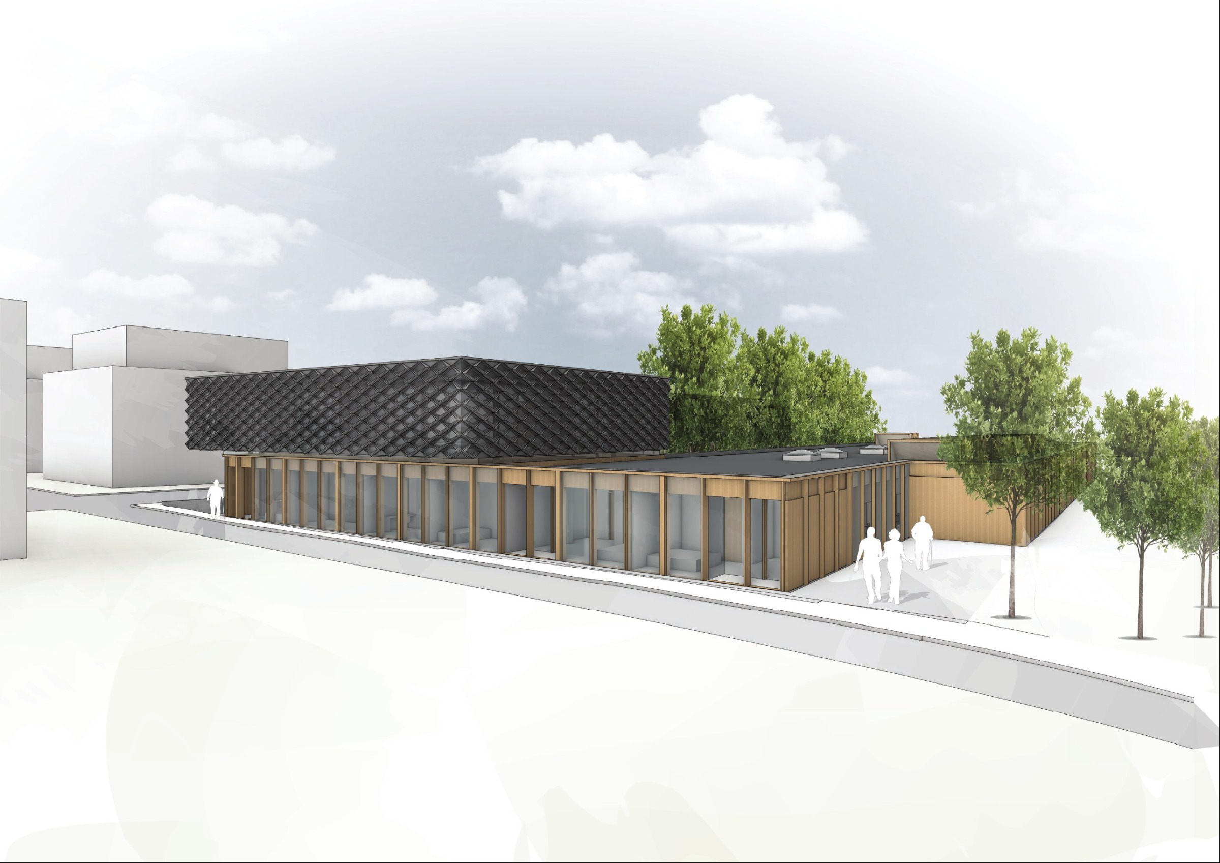 Street-level arrival perspective of the hospice with timber ground floor, dark faceted upper volume and trees along the edge.