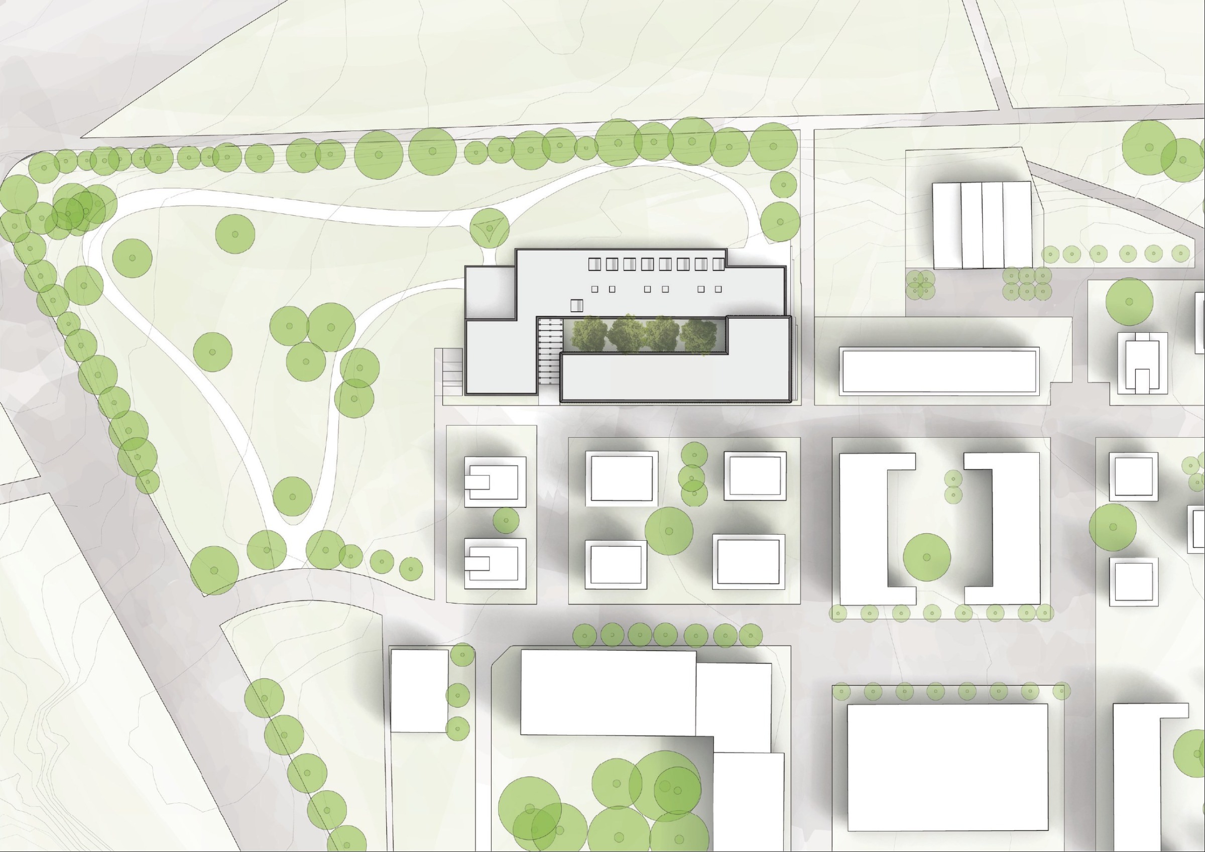 Site plan showing the hospice positioned between the new Darmstadt district, green edge and surrounding buildings.