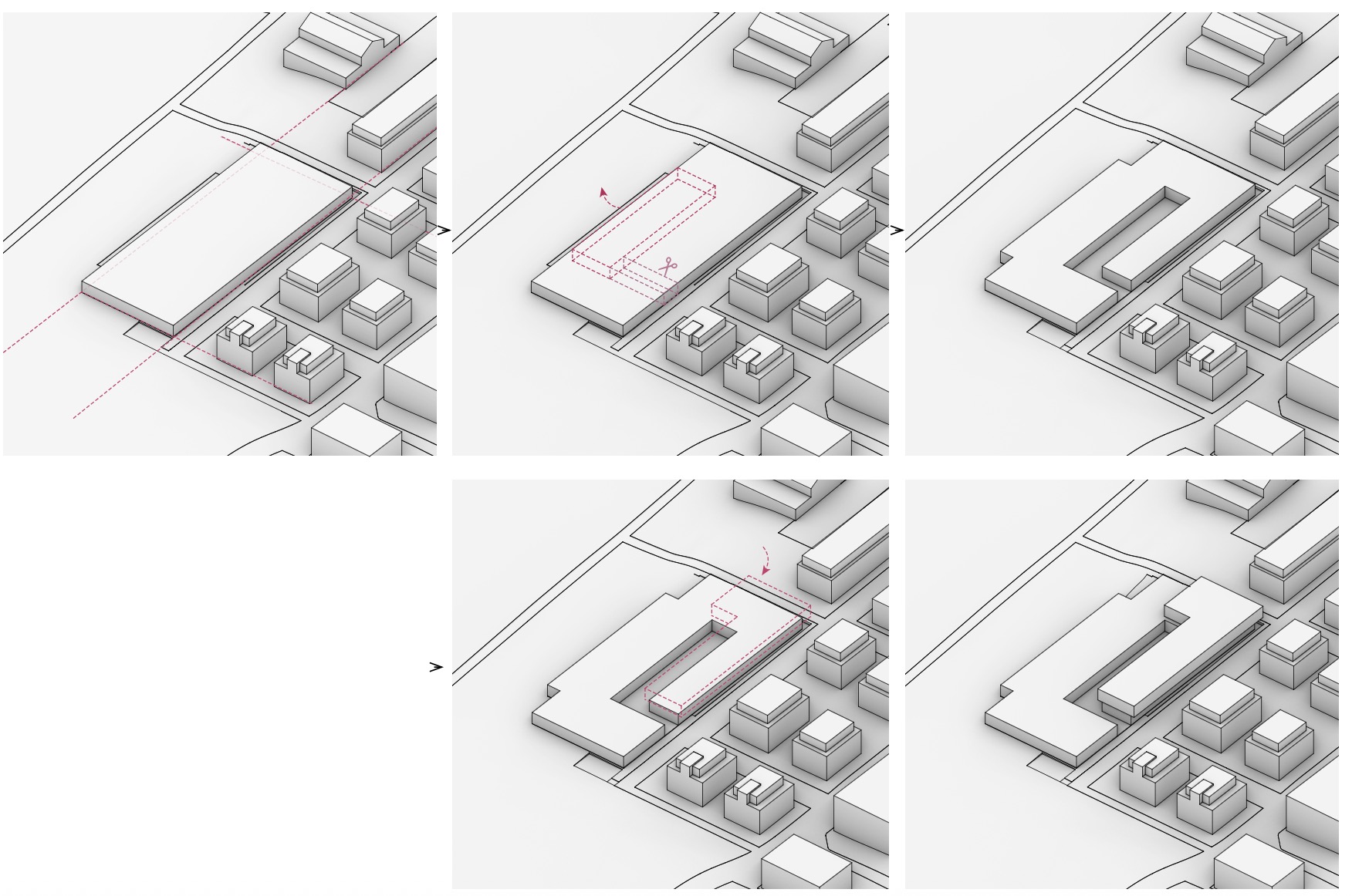 Five isometric diagrams showing how Hospiz Facettenreich is cut, folded and arranged around a protected courtyard.