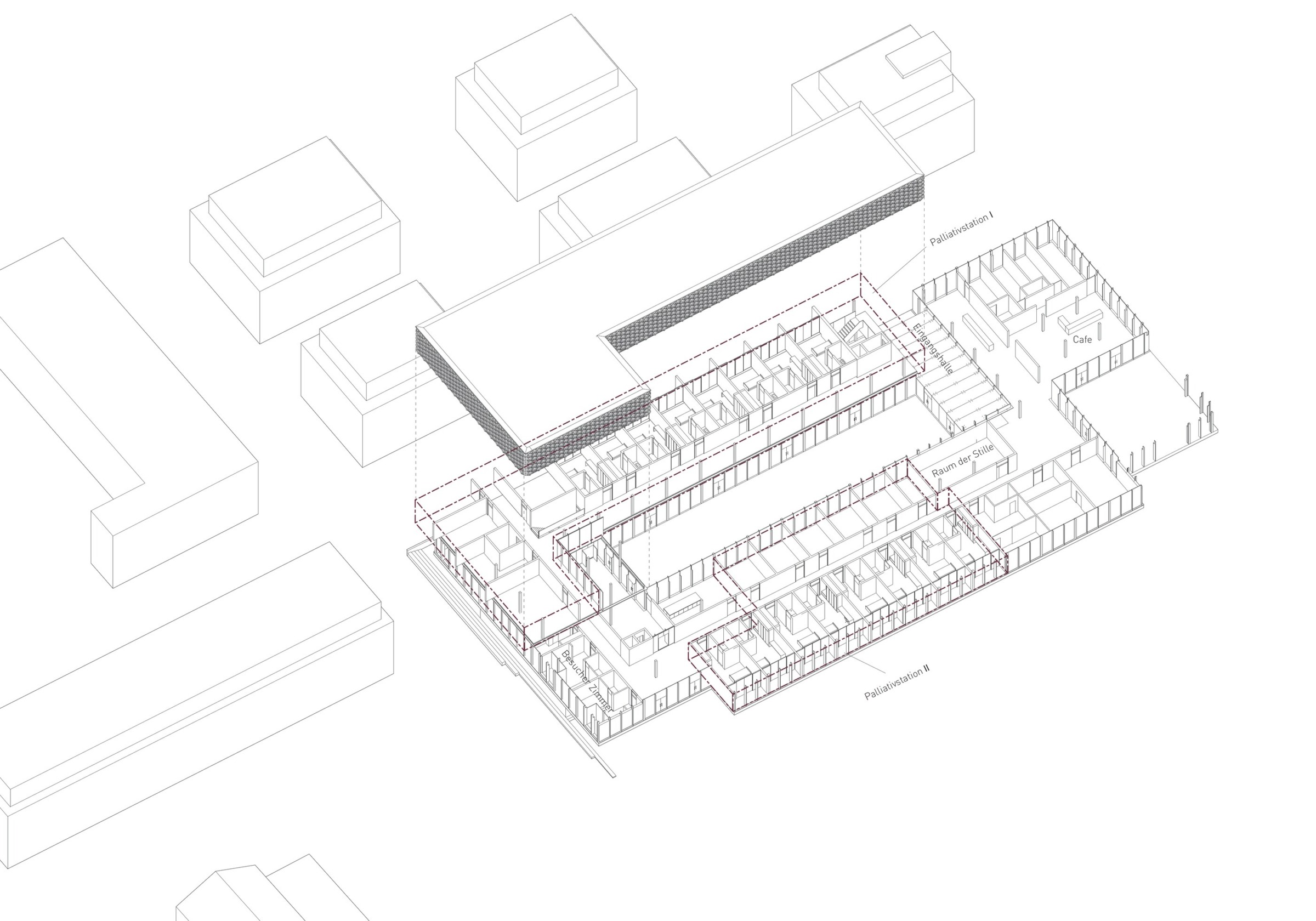 Exploded programmatic isometric of Hospiz Facettenreich showing the courtyard, palliative stations, cafe, Raum der Stille, and faceted upper volume.