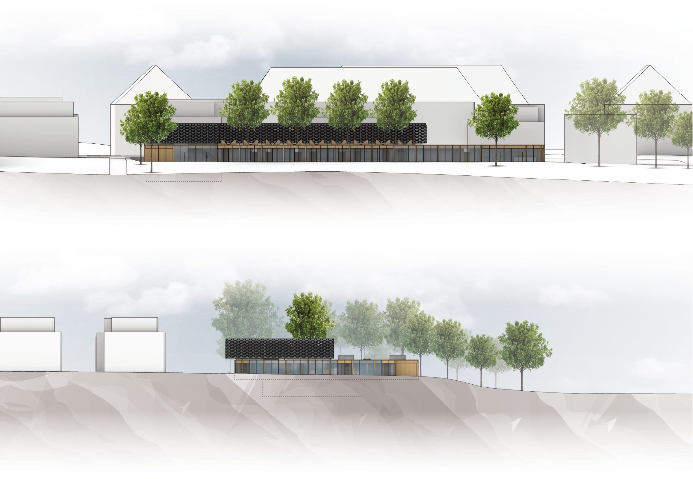 Elevation drawings of Hospiz Facettenreich showing the transparent lower level and dark upper facade.