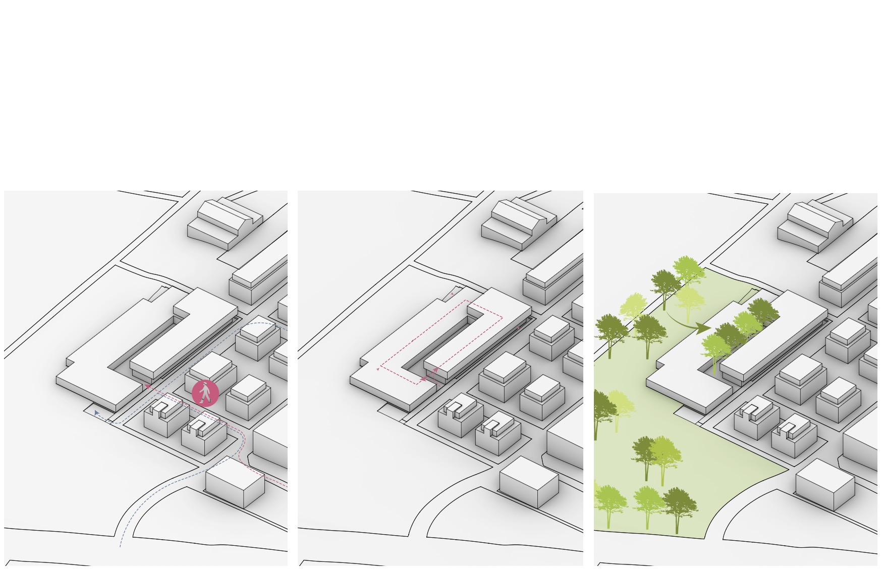 Three isometric diagrams showing arrival routes, courtyard circulation and the hospice connection to the park landscape.