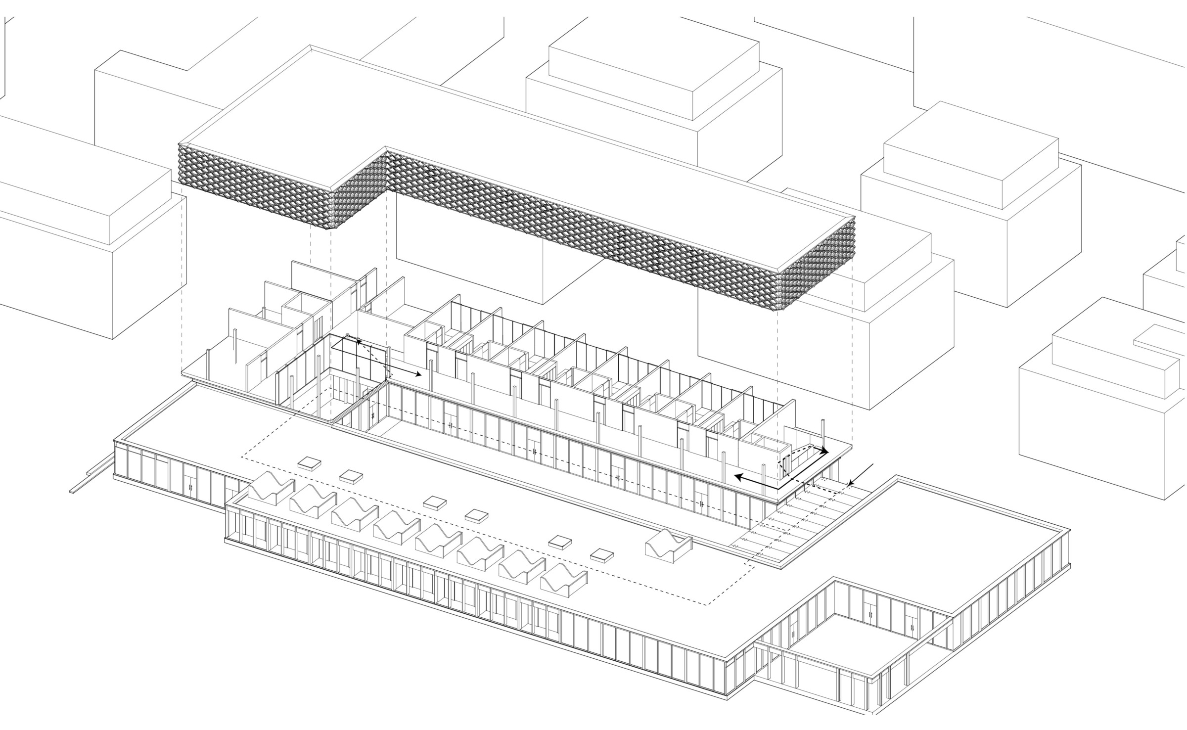 Exploded isometric drawing of Hospiz Facettenreich showing patient rooms, courtyard circulation and the faceted upper envelope.
