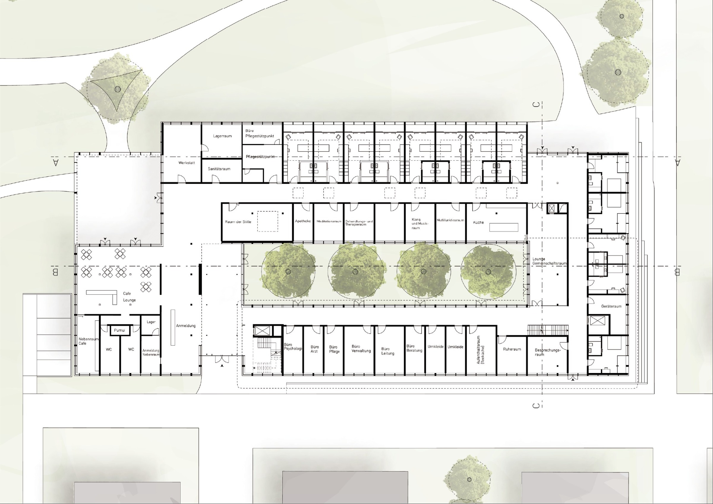 Ground-floor plan organised around a planted courtyard with patient rooms, cafe, staff and support areas.