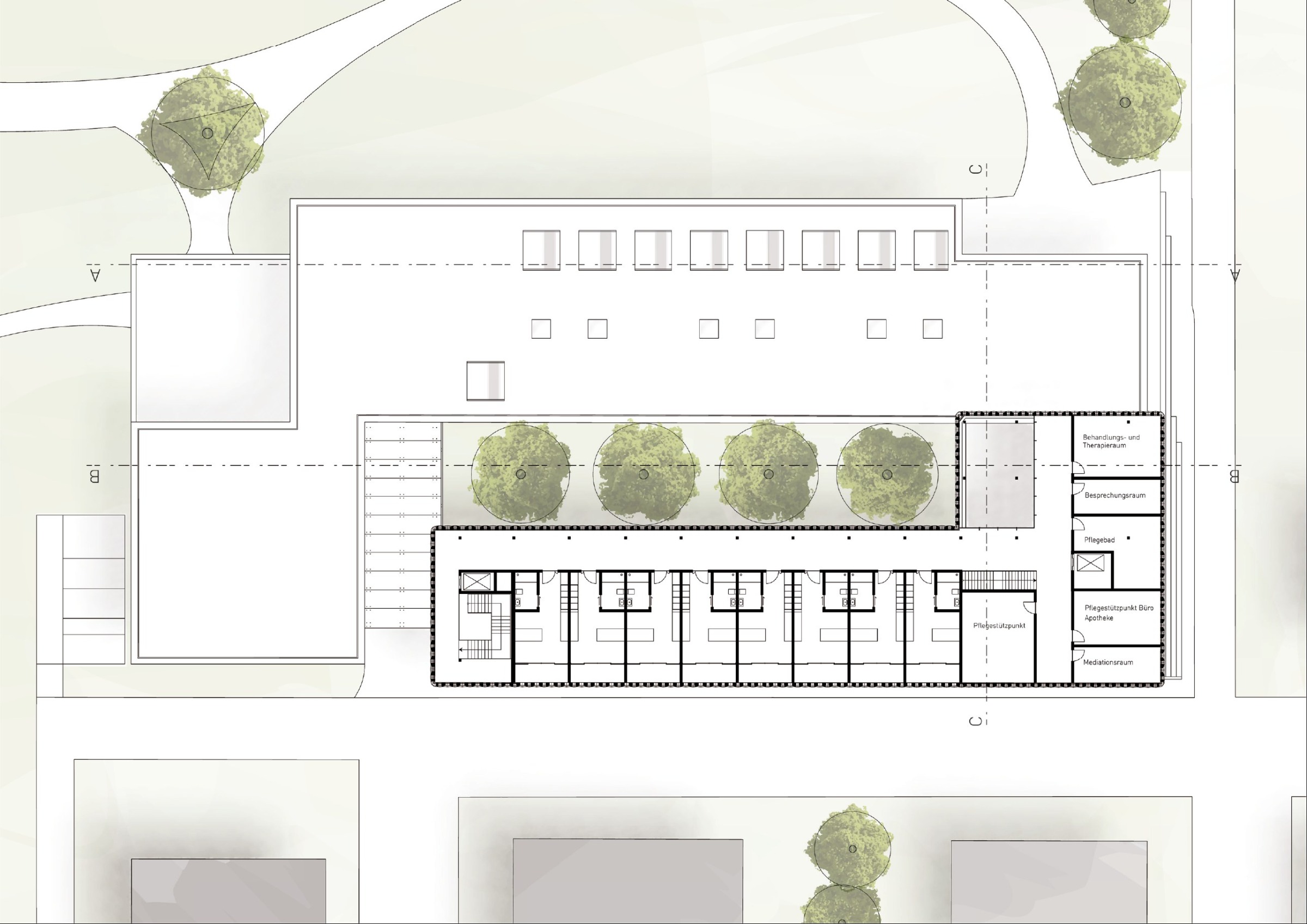 Upper-floor plan showing the second palliative living group and loggias around the central courtyard.