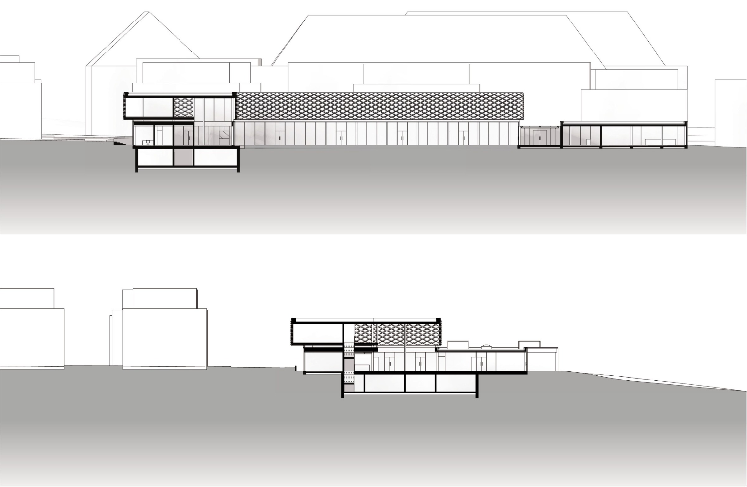 Section drawings through the hospice showing the courtyard, palliative rooms and faceted roof structure.