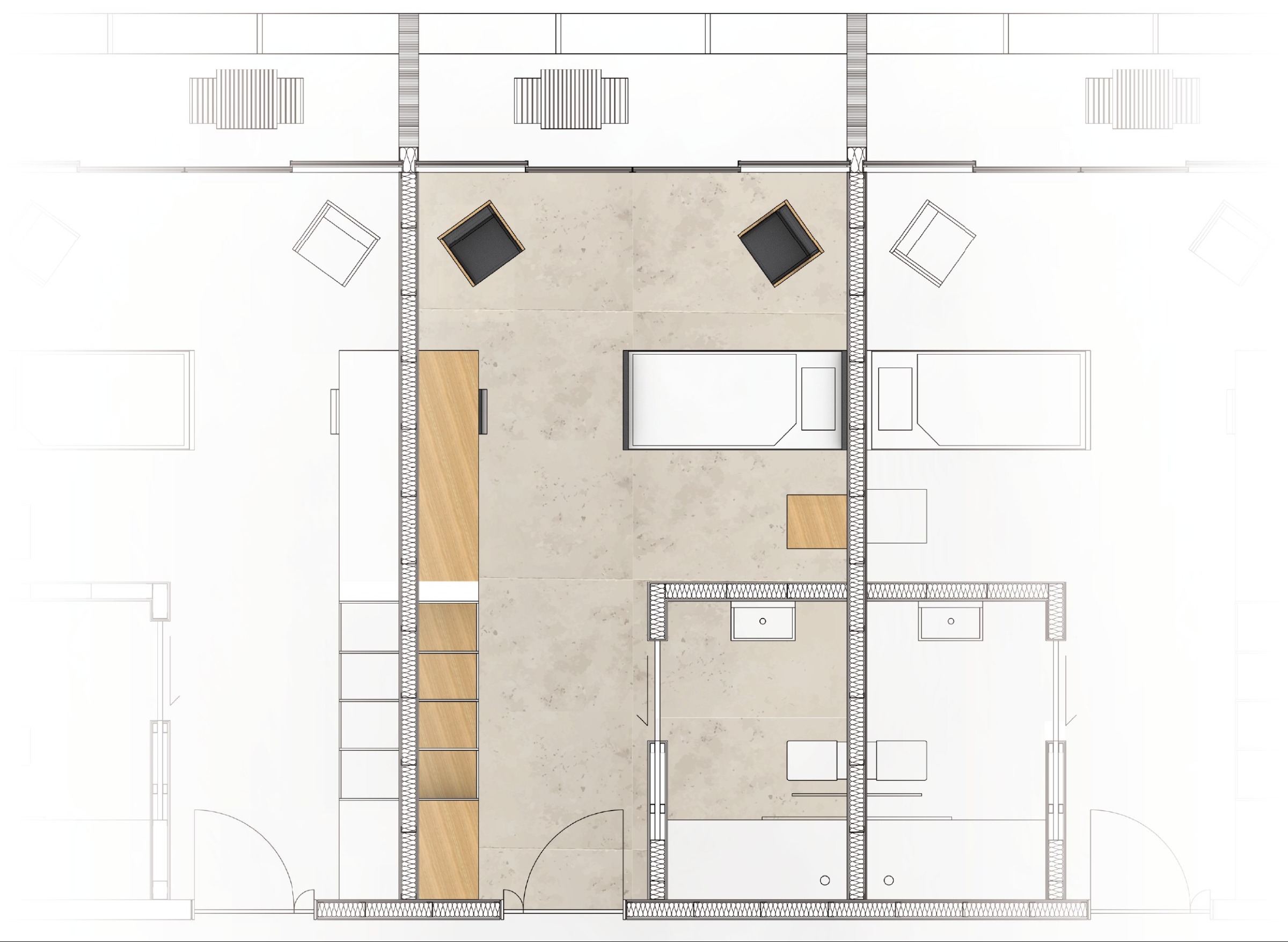 Detailed patient-room plan with loggia, bathroom, wardrobe, bed area and furniture layout.