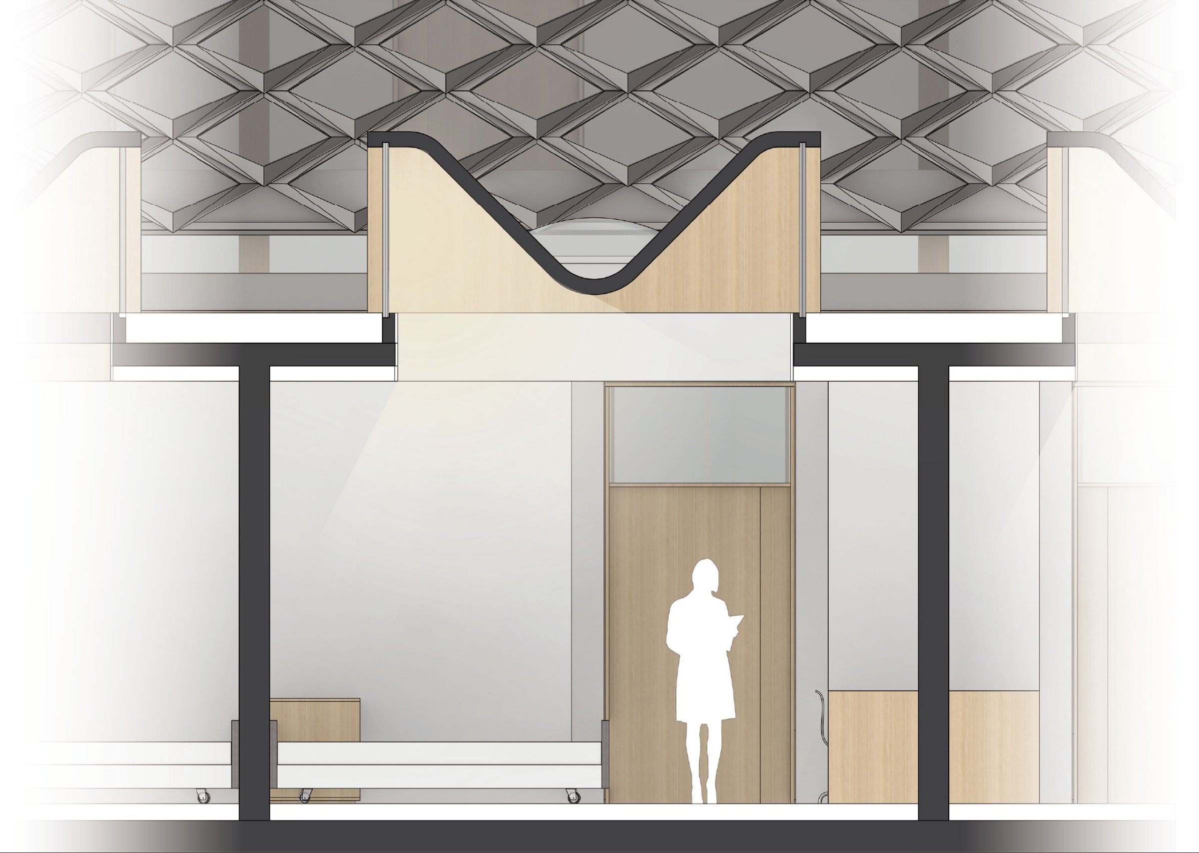 Patient-room section showing the roof geometry, faceted envelope and room proportions.