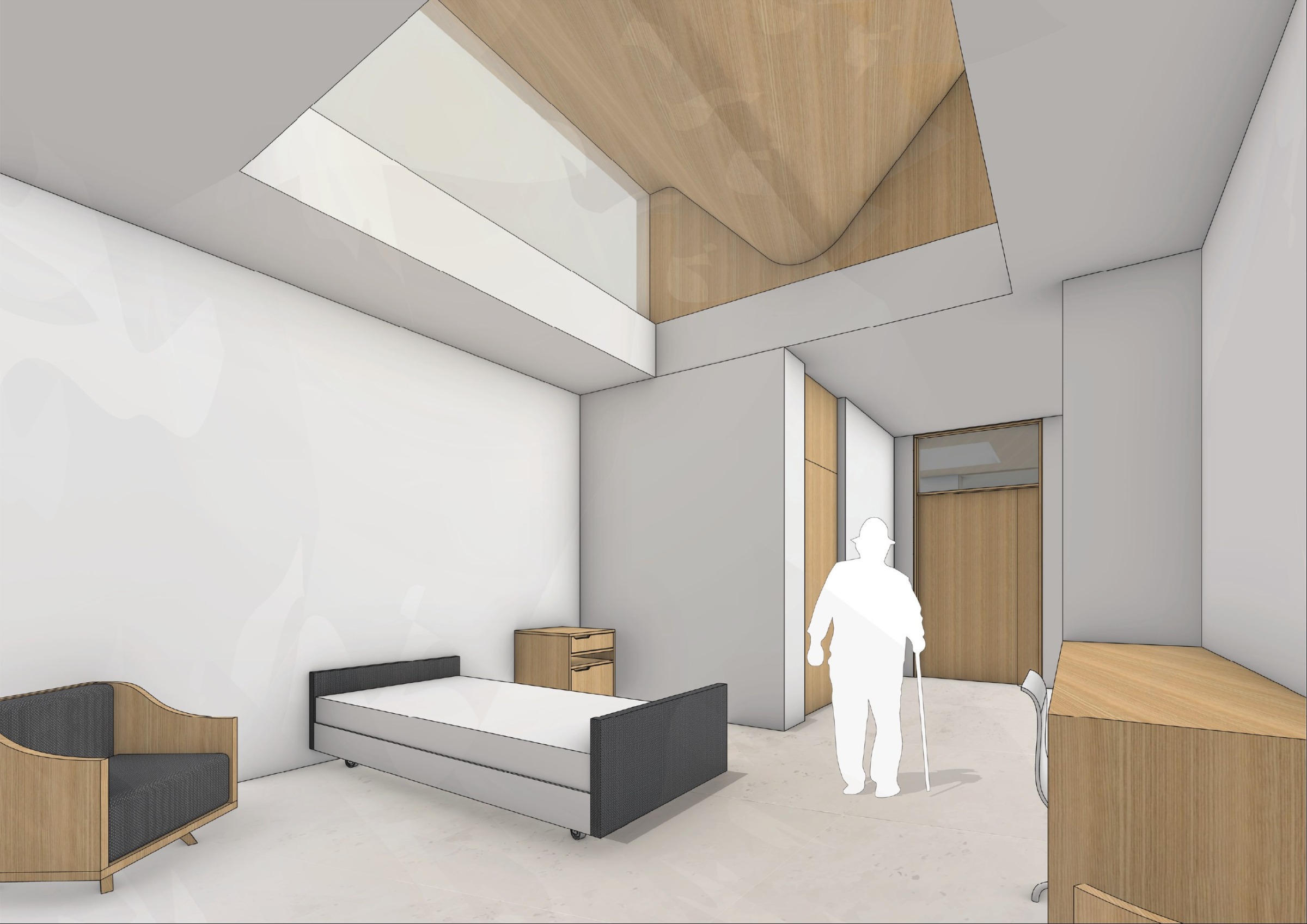 Interior rendering of a patient room with timber surfaces, bed, furniture and indirect daylight from the roof.